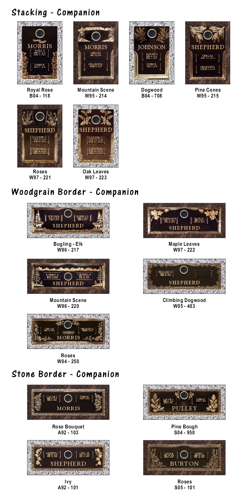 A catalog of bronze memorial plaques categorized by border style, including Starling, Woodgrain, and Stone options.