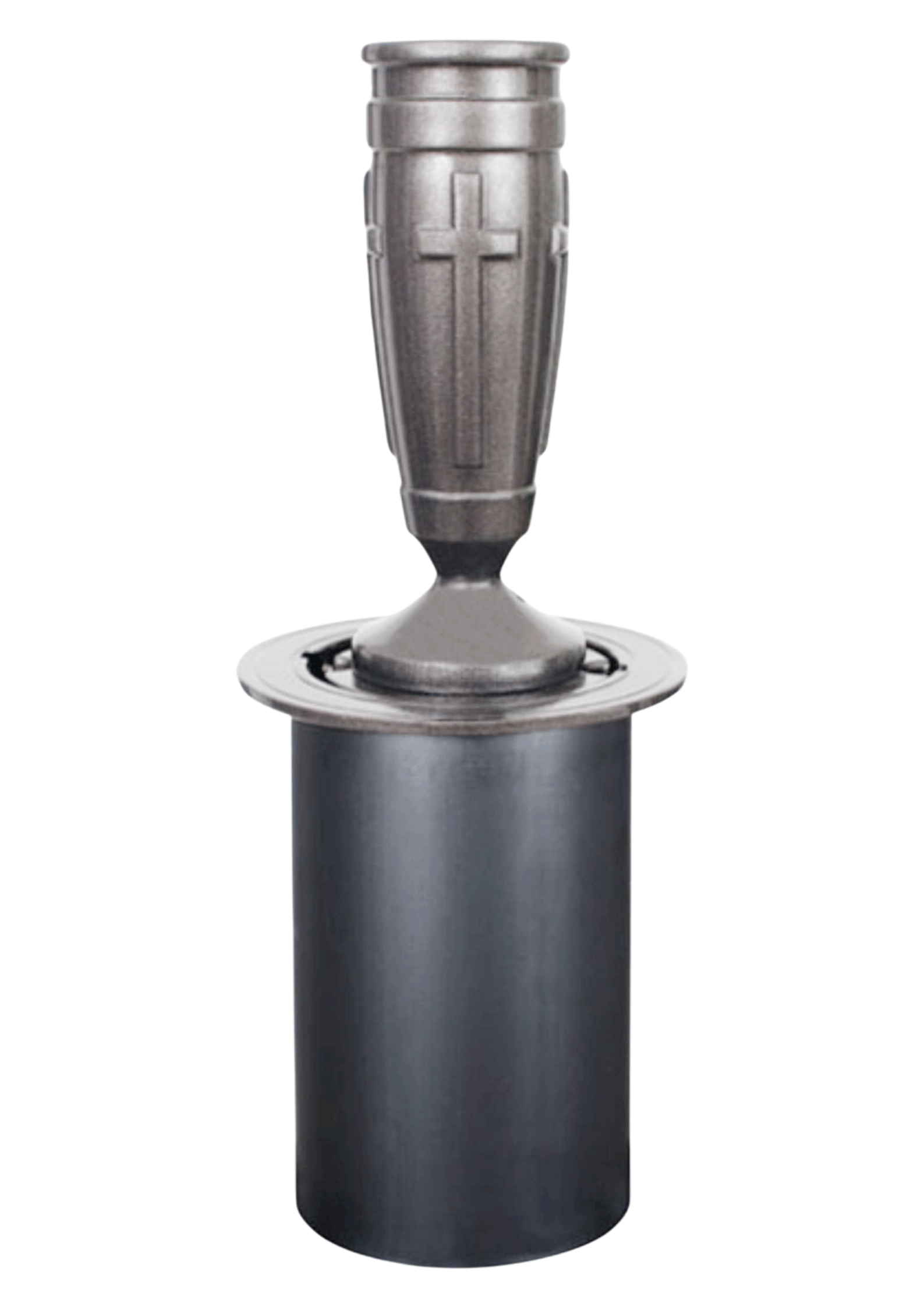 A dark grey, metal grave vase with a cross emblem, featuring an upright floral container set into a cylindrical base.