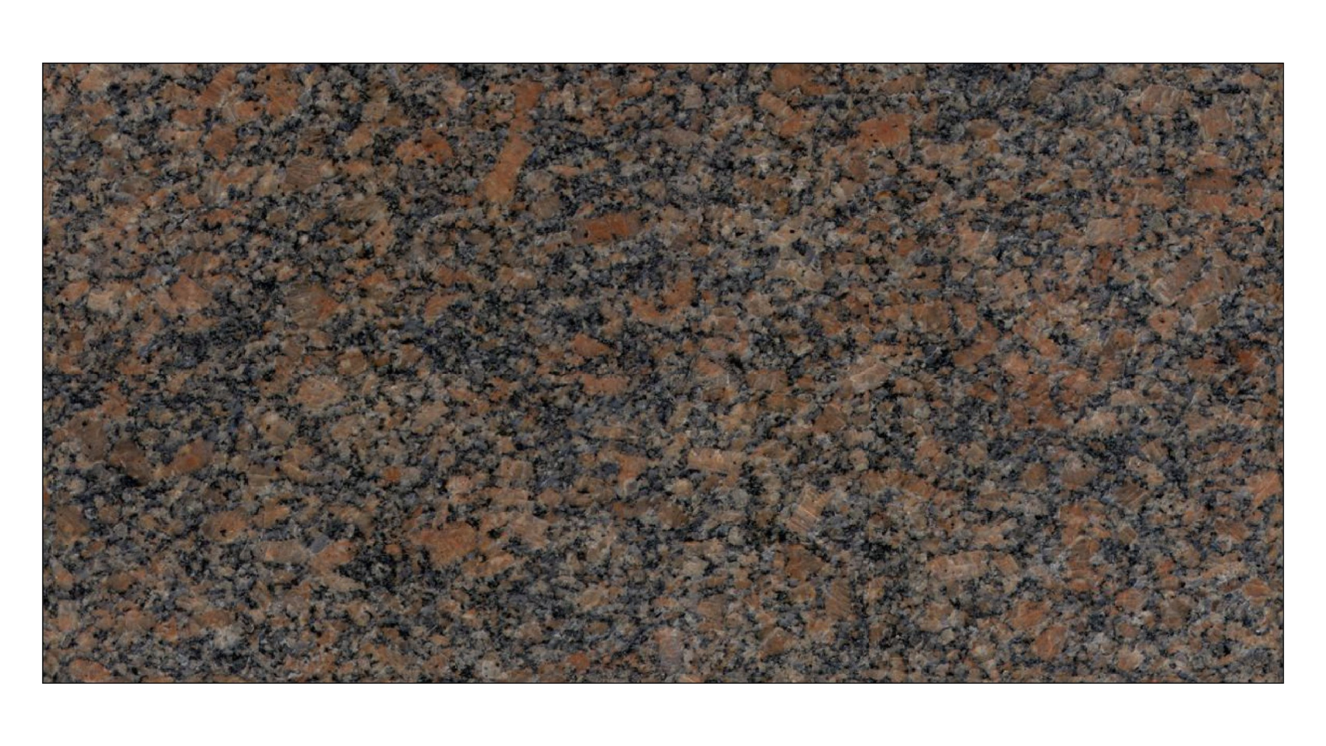 A close-up of a polished granite stone slab with a speckled, multi-colored pattern of brown, gray, and black minerals.