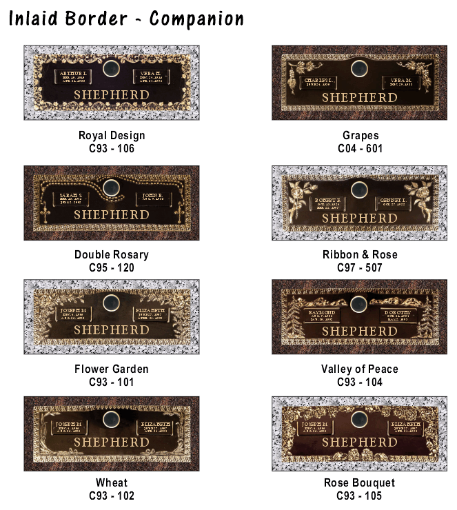 A catalog grid of eight companion grave marker designs with bronze plaques and varied decorative granite borders.