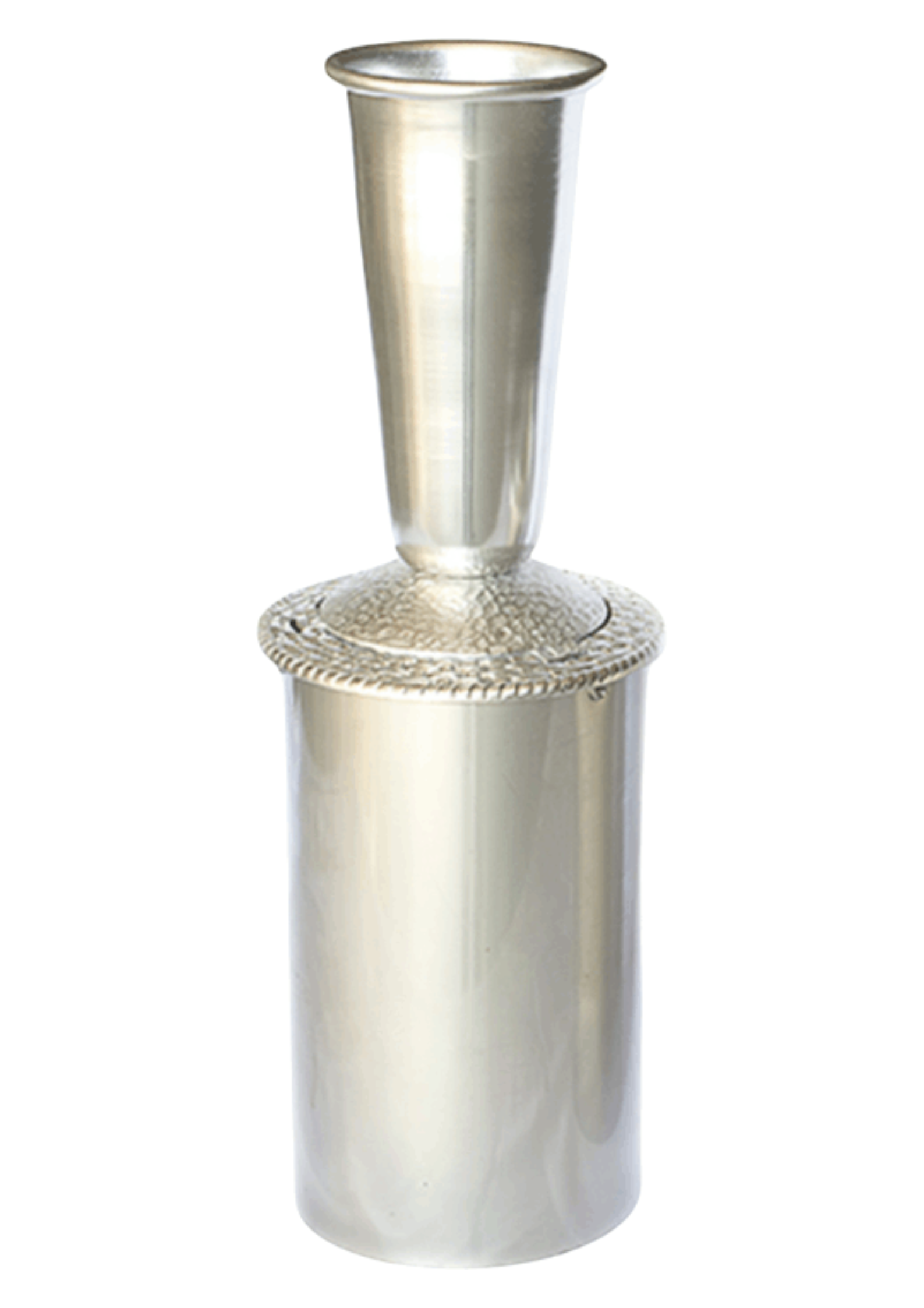 A tall, silver-toned metal vase with a wide cylindrical base and a tapered, fluted neck featuring a decorative rim.