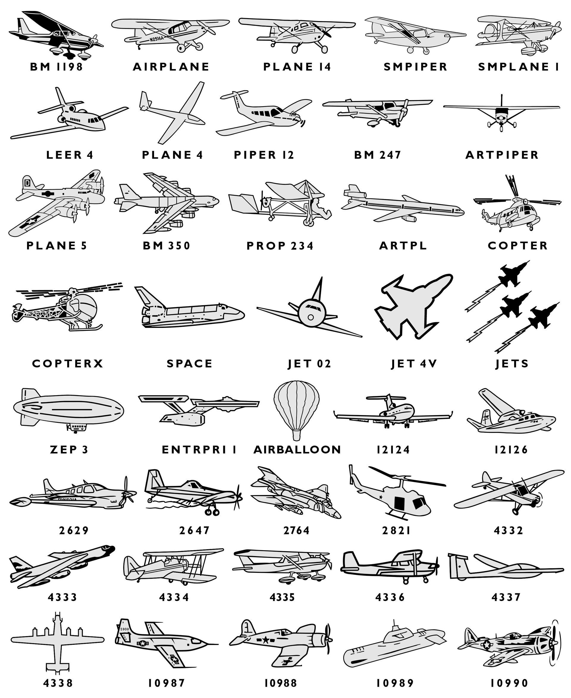 A grid of 40 varied aircraft illustrations, including planes, helicopters, and a hot air balloon, labeled with text codes.