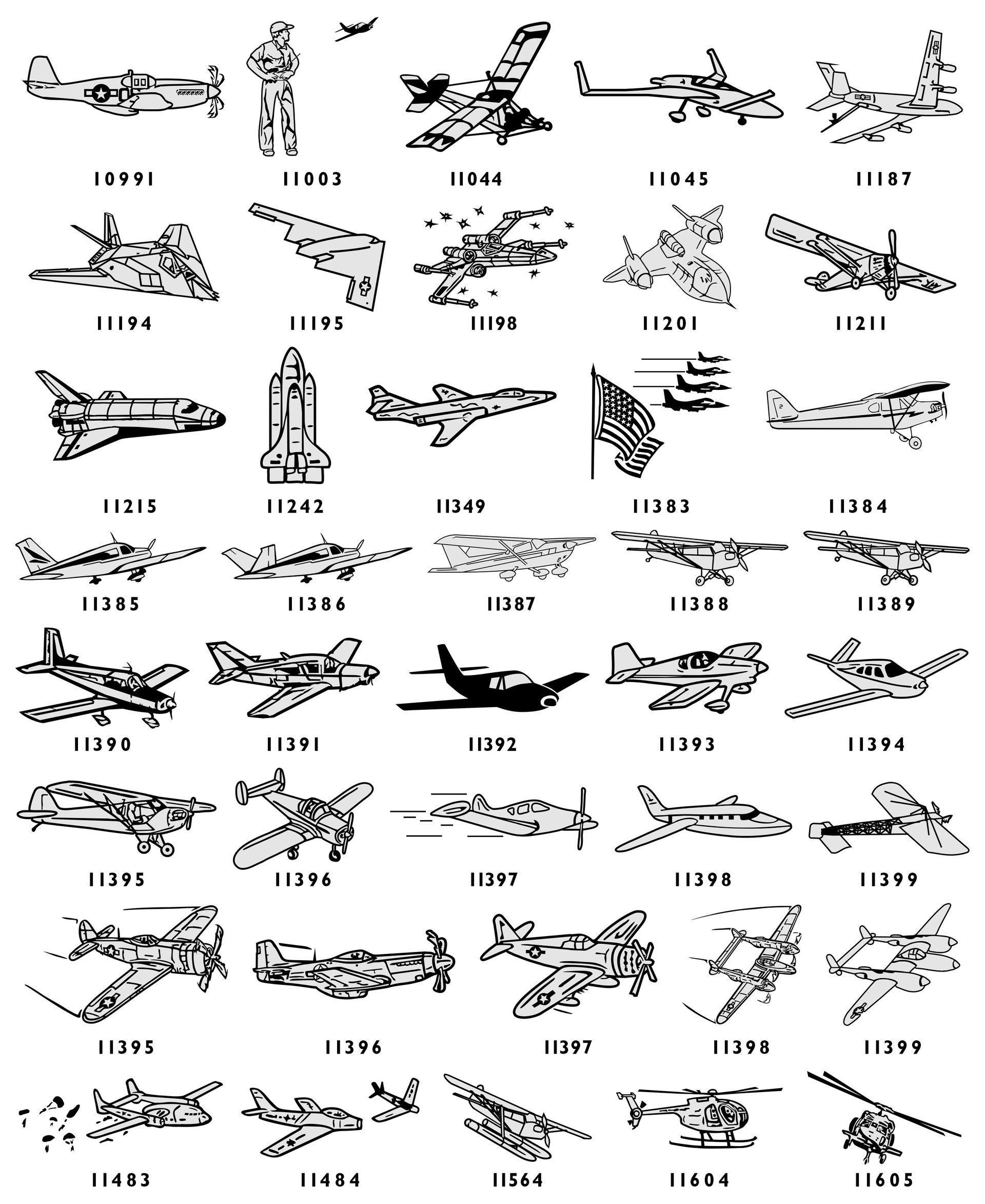 A chart displaying a grid of small, black-and-white iconographic sketches of various aircraft and aviation-related symbols.