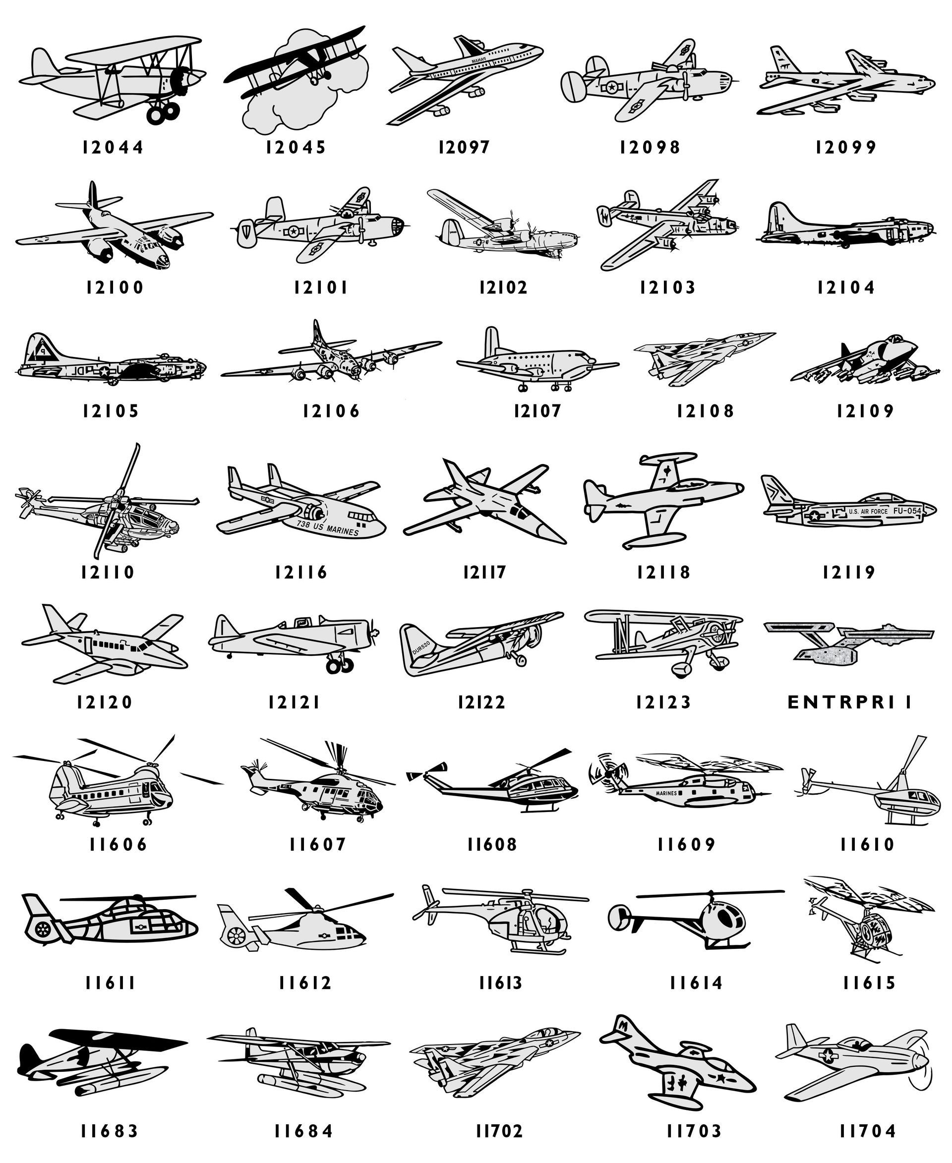 A grid of various black-and-white silhouette illustrations of different types of aircraft, helicopters, and missiles.