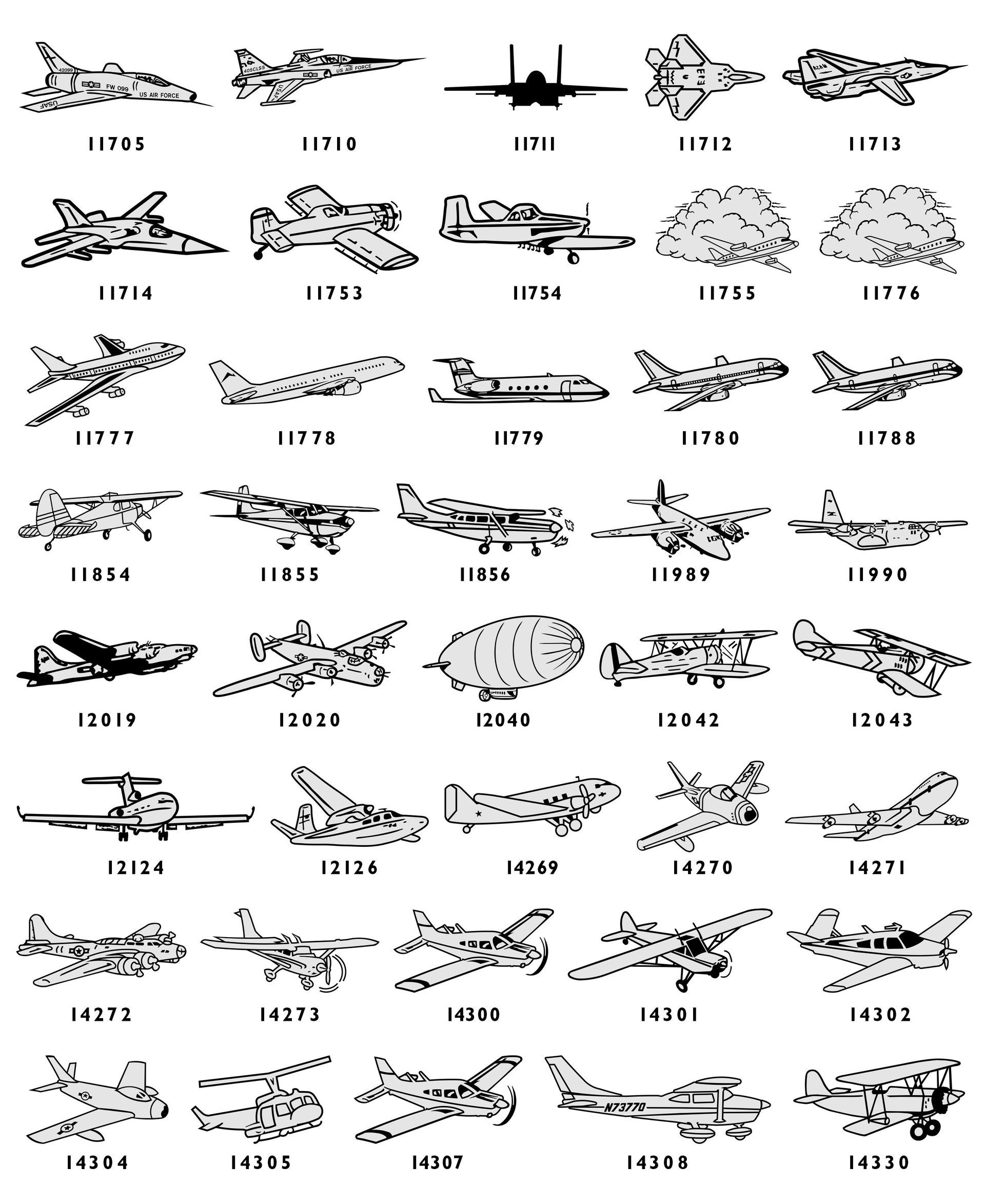 A grid of 40 small, black-and-white silhouettes of various military aircraft and helicopters, labeled with numbers.