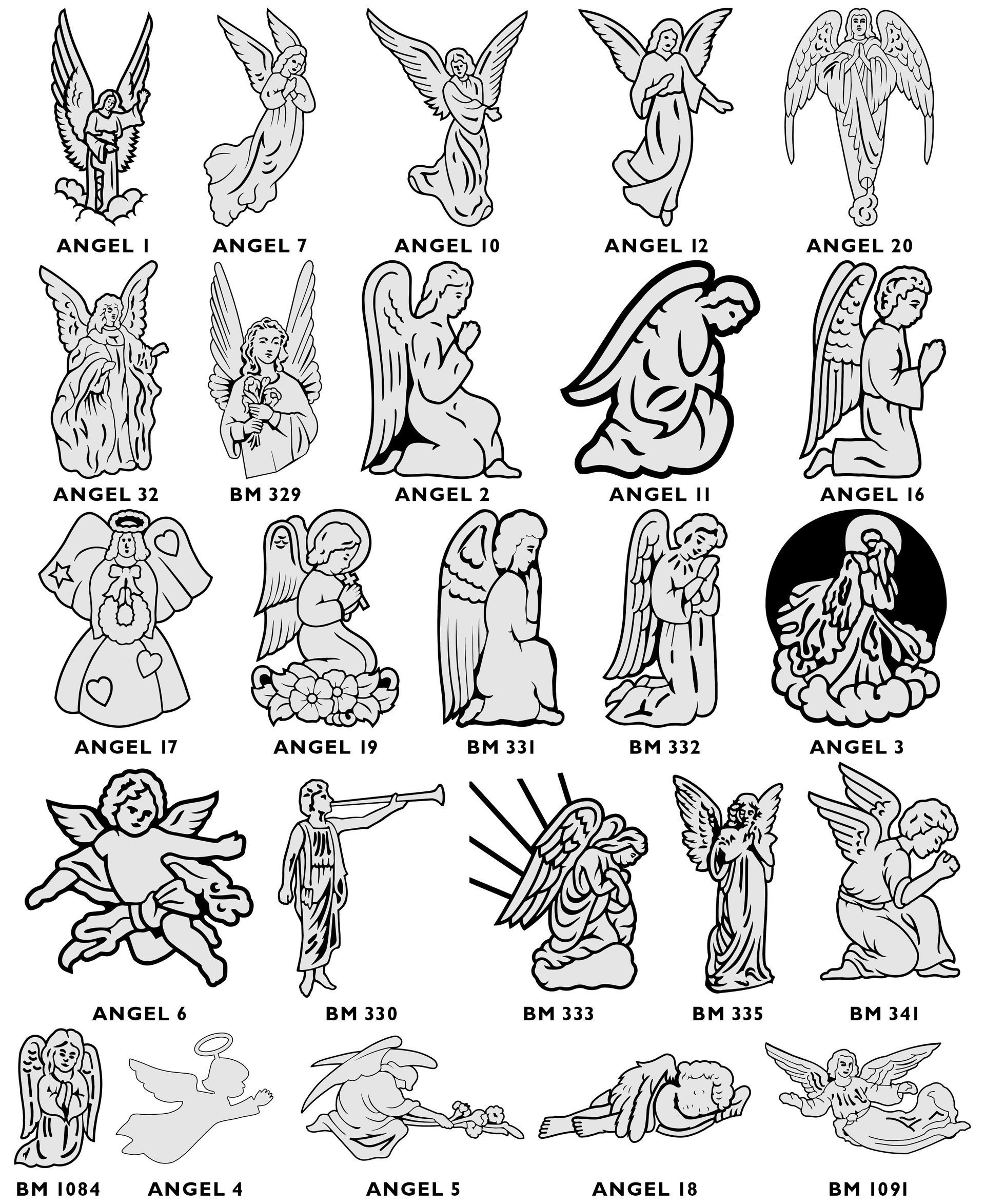 A grid of 25 various black-and-white angel line art illustrations, each labeled with a reference code.