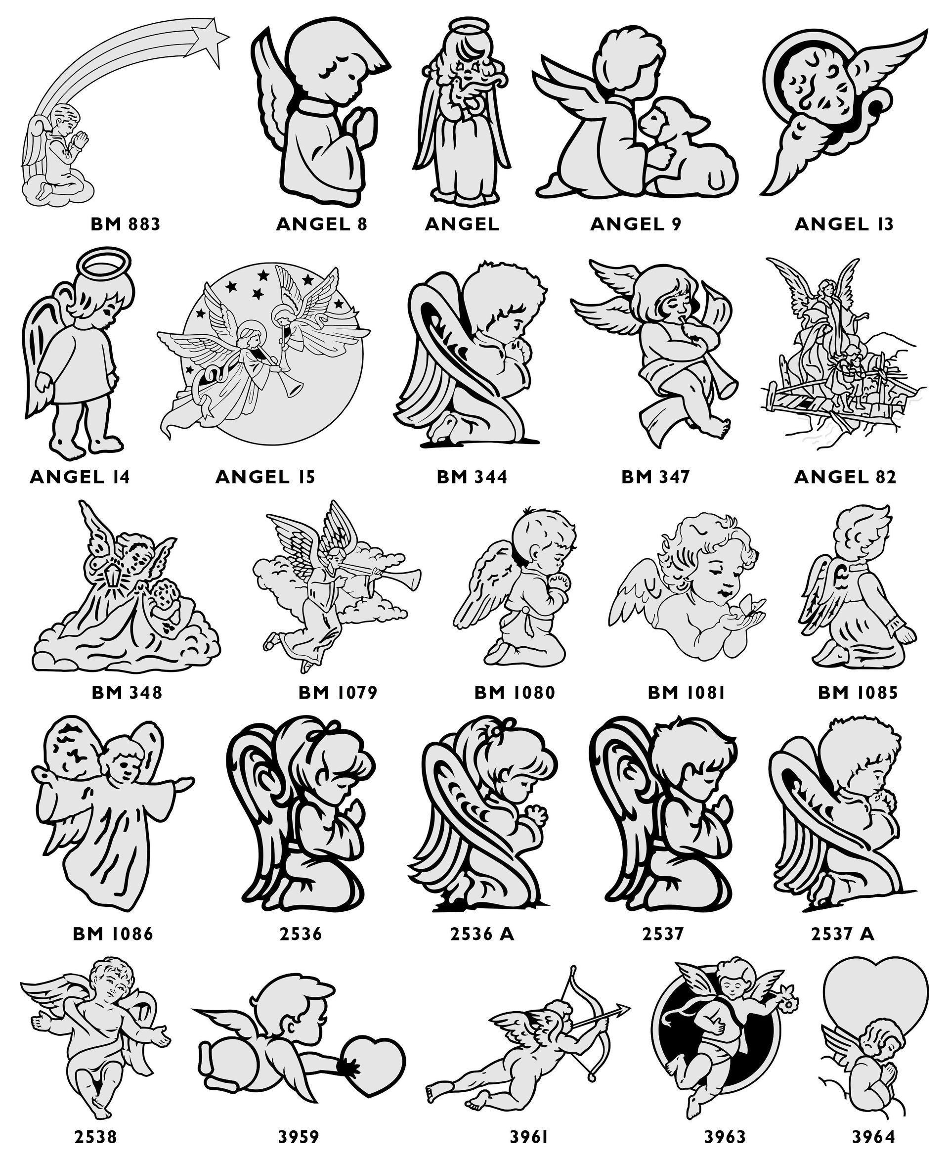 A grid of black-and-white line drawings featuring various angel designs and motifs, labeled with individual reference codes.