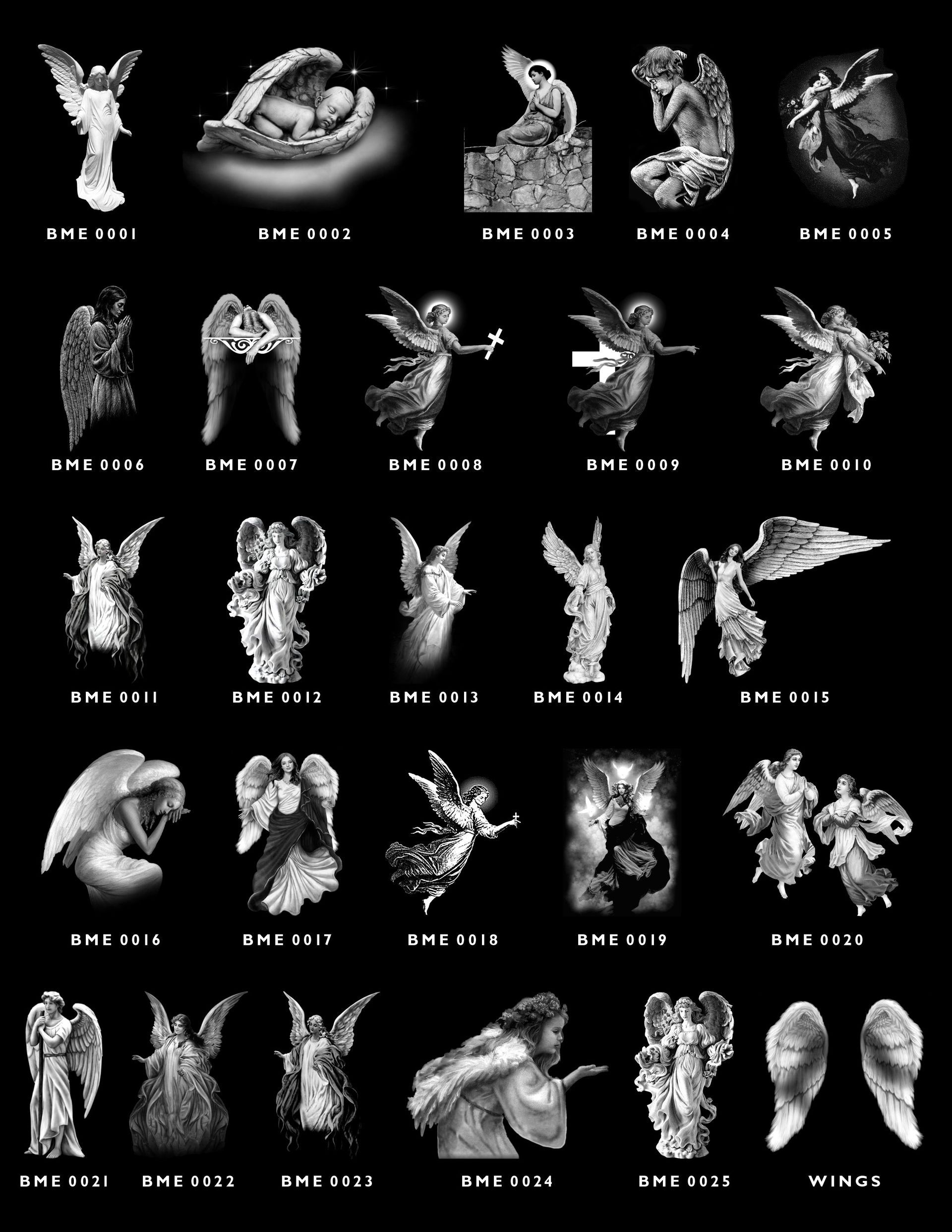 A grid of 30 black-and-white images of angels, wings, and cherubs, each labeled with a reference code on a black background.