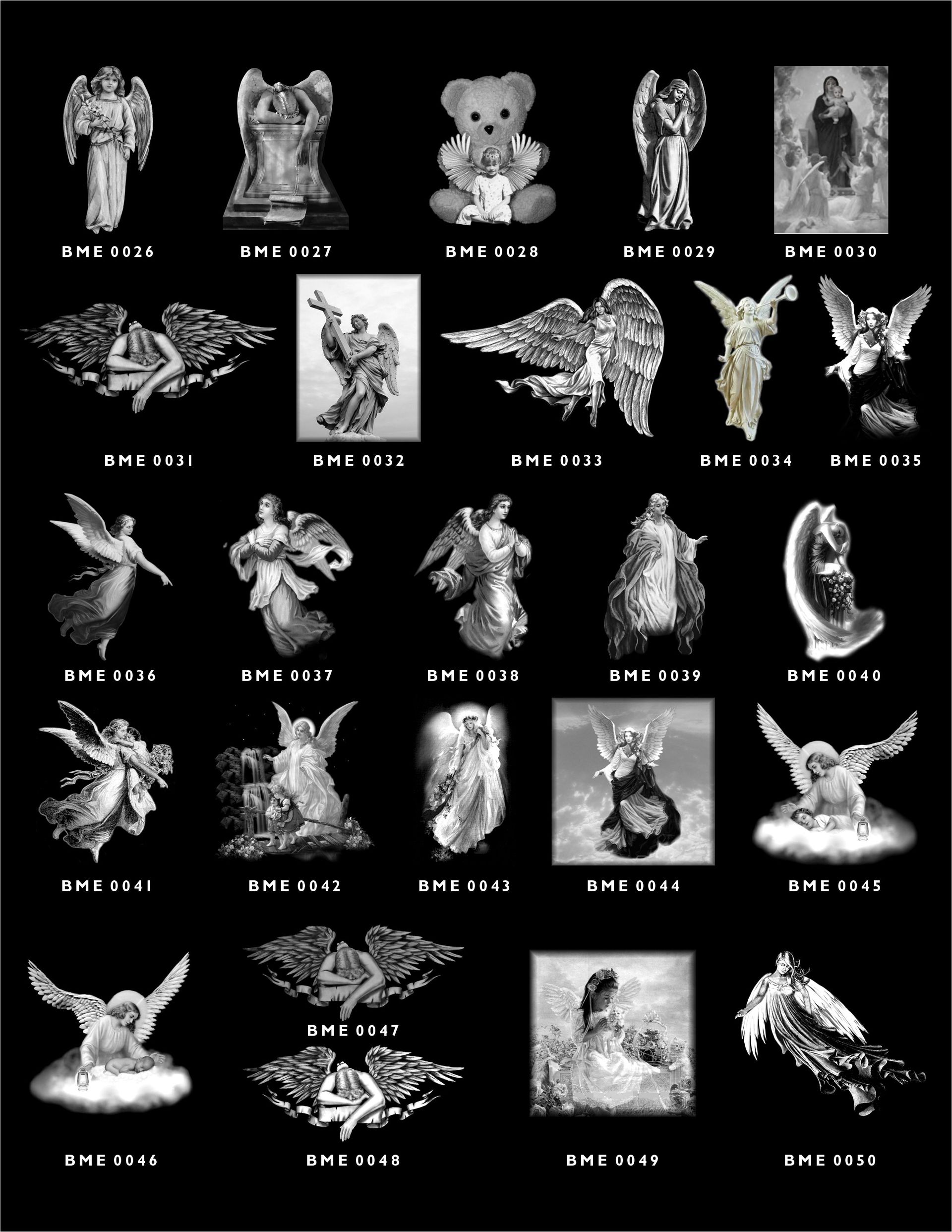A grid of 25 grayscale designs featuring various angel figures and religious motifs, each labeled with a reference code.