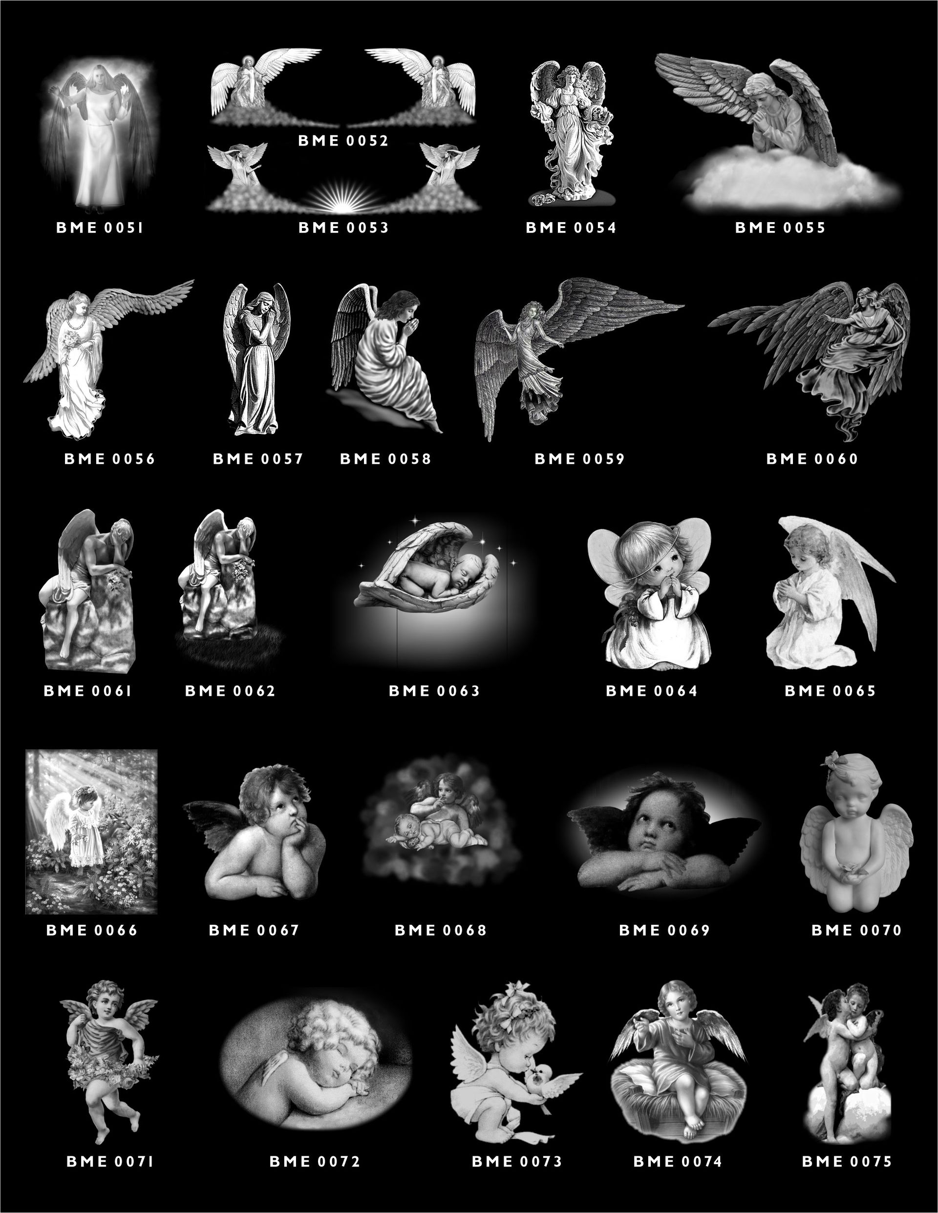 A collection of twenty-five individual monochrome images of angels, arranged in a grid on a black background.