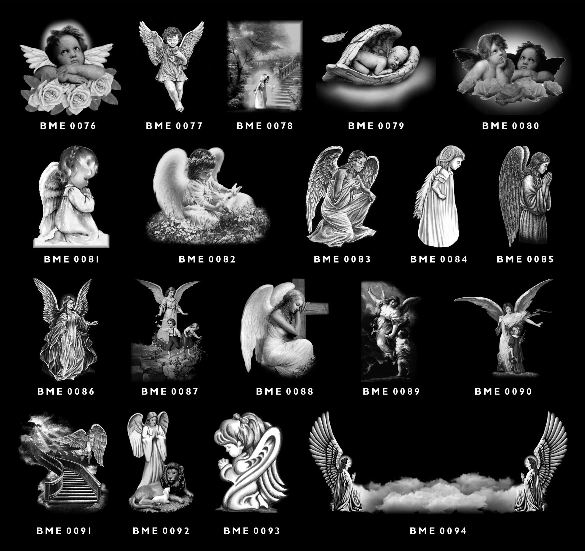 A grid of 19 grayscale illustrations of angels and cherubs on a black background, each labeled with a reference code.