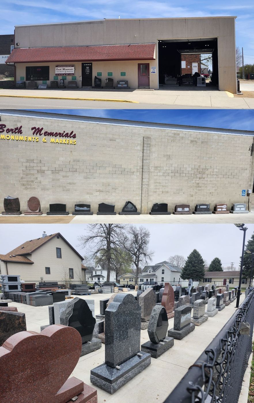 Tombstones of various shapes and colors displayed in a row.