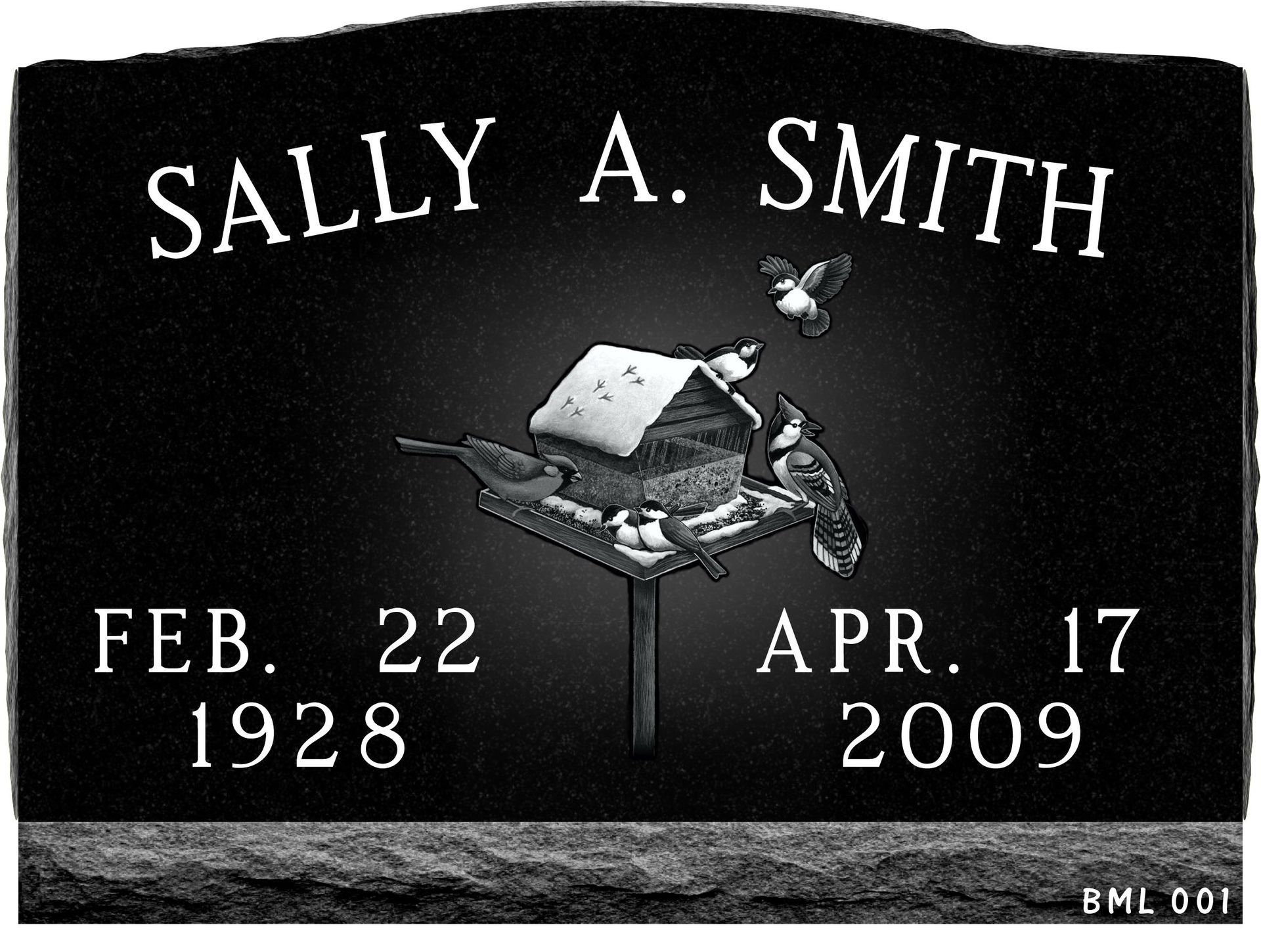 A black granite headstone for Sally A. Smith, dated Feb. 22, 1928, to Apr. 17, 2009, featuring a bird feeder etching.
