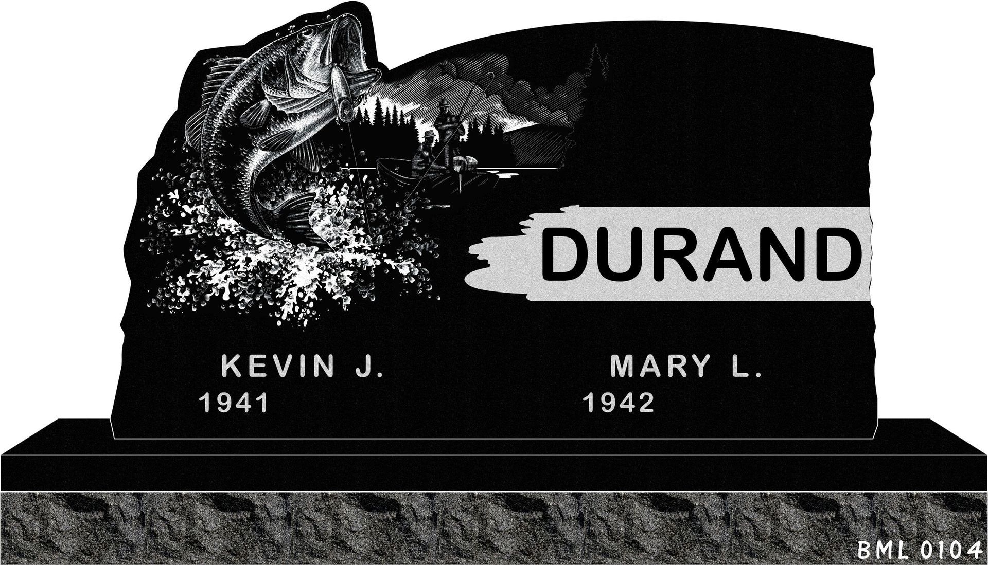 A black headstone engraved with a jumping fish and the text