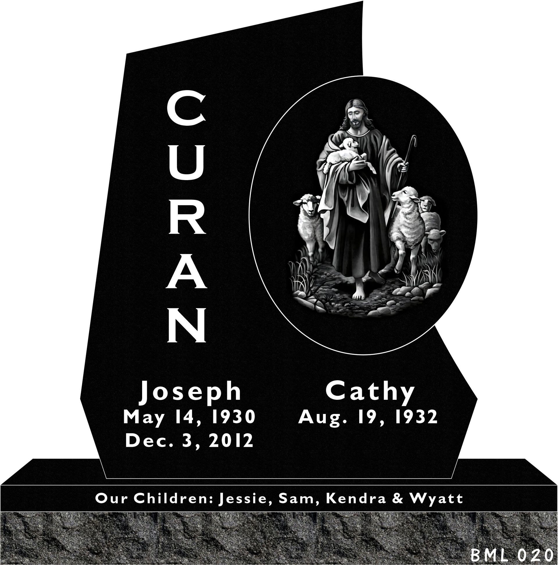 Black granite tombstone for Joseph and Cathy Curan, featuring an engraving of Jesus as the Good Shepherd and family names.