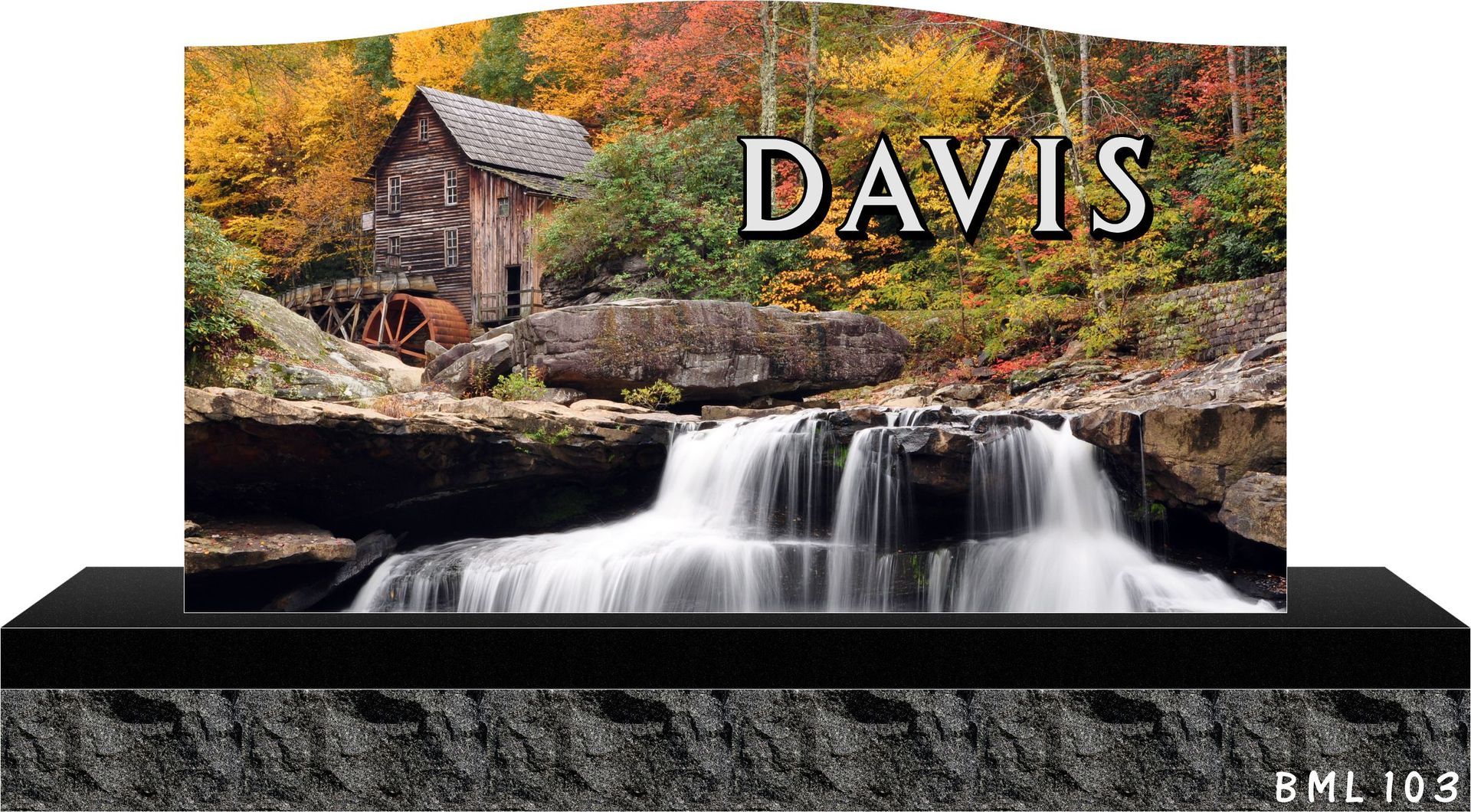 A grave marker with a fall-colored landscape of a mill and waterfall, with the name