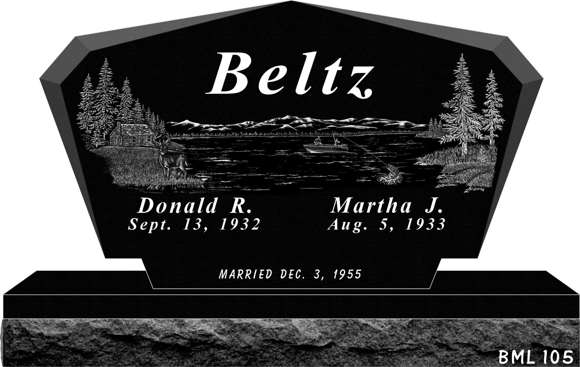 Black upright tombstone for Beltz with a landscape engraving of trees and water, inscribed with names and dates.