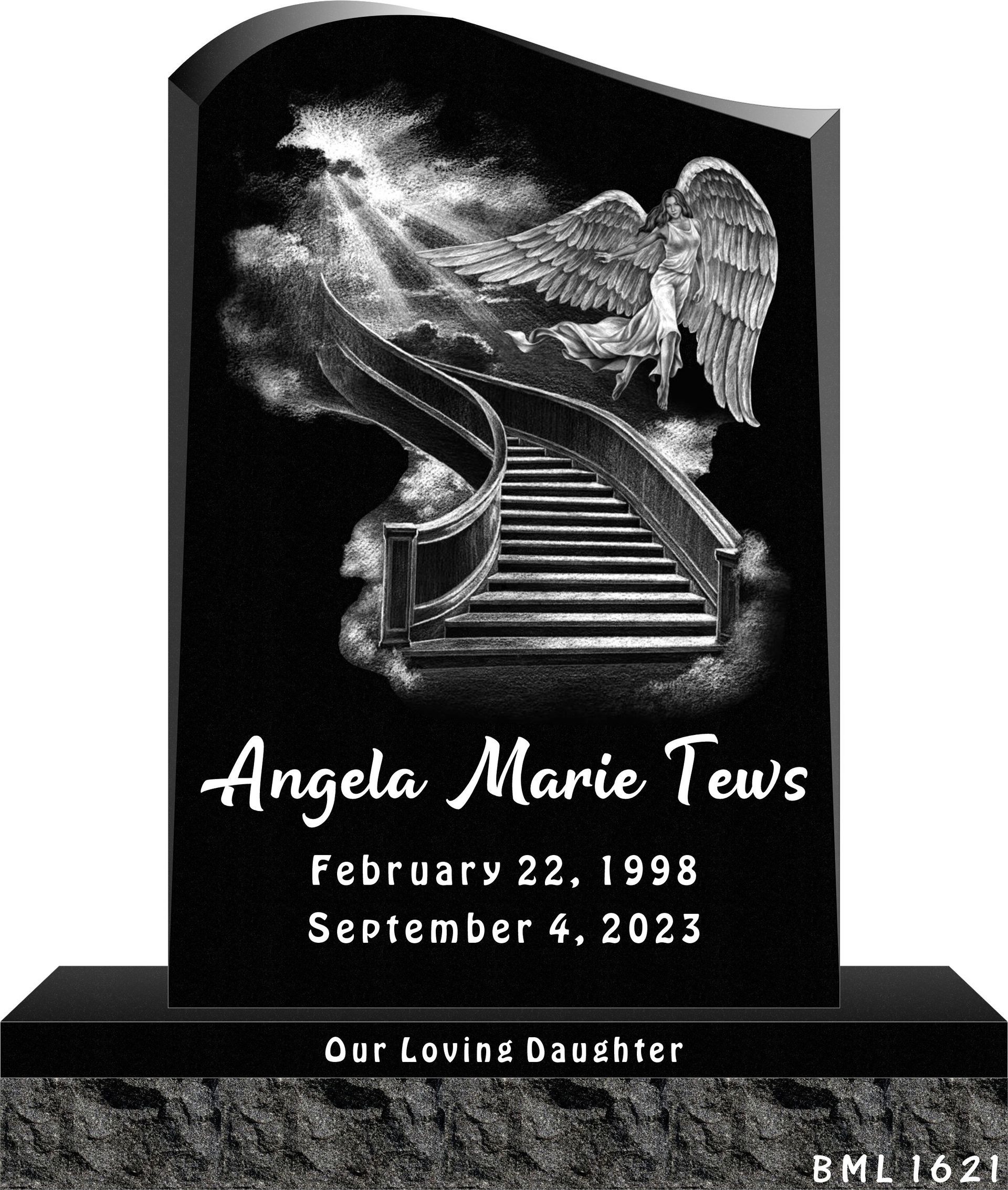 Black upright headstone with a staircase leading to a bright light and an angel, engraved with Angela Marie Tews.