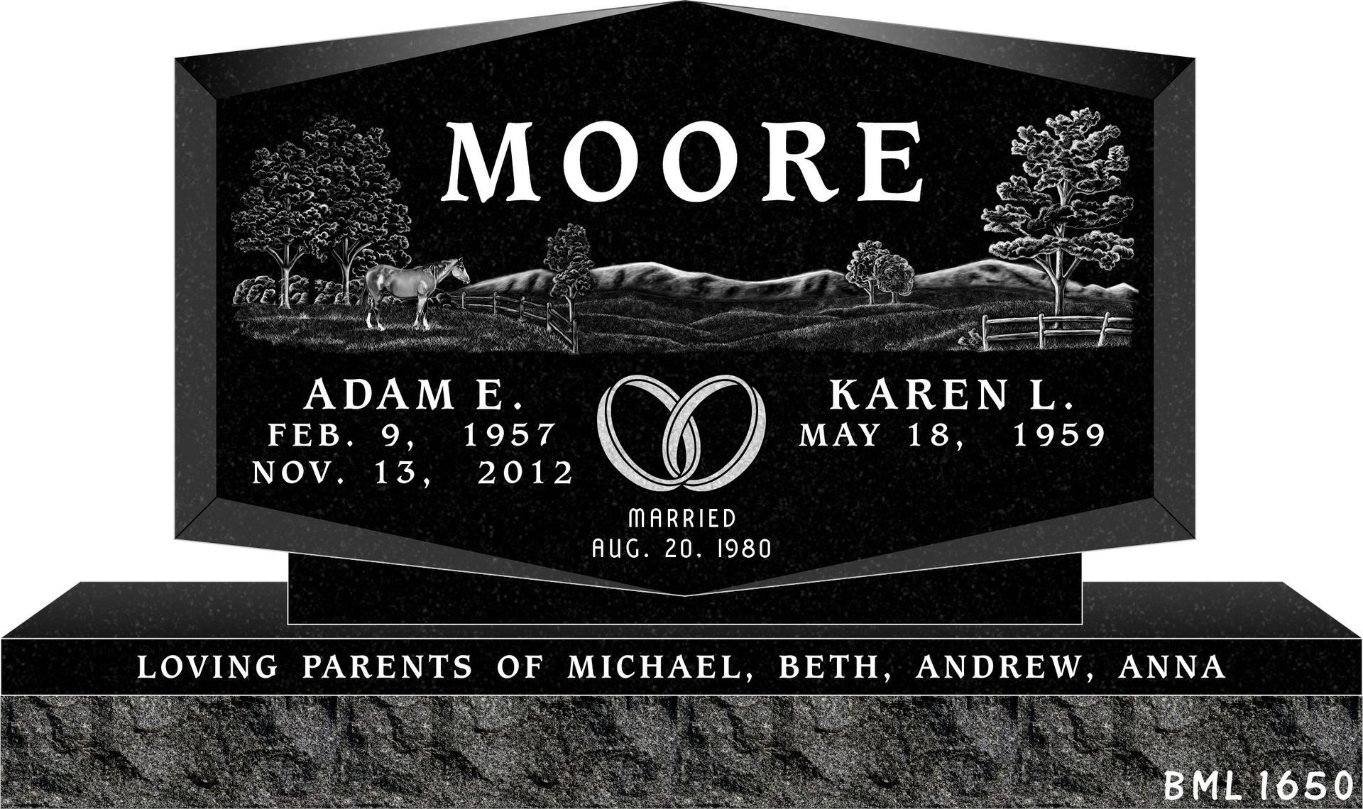 A black granite memorial headstone for the Moore family, featuring engraved nature scenes, names, dates, and text.