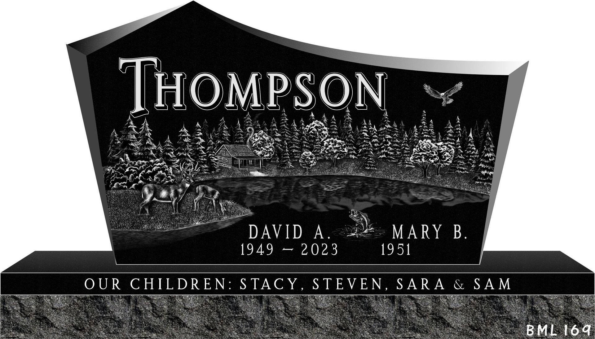 A black upright headstone engraved with