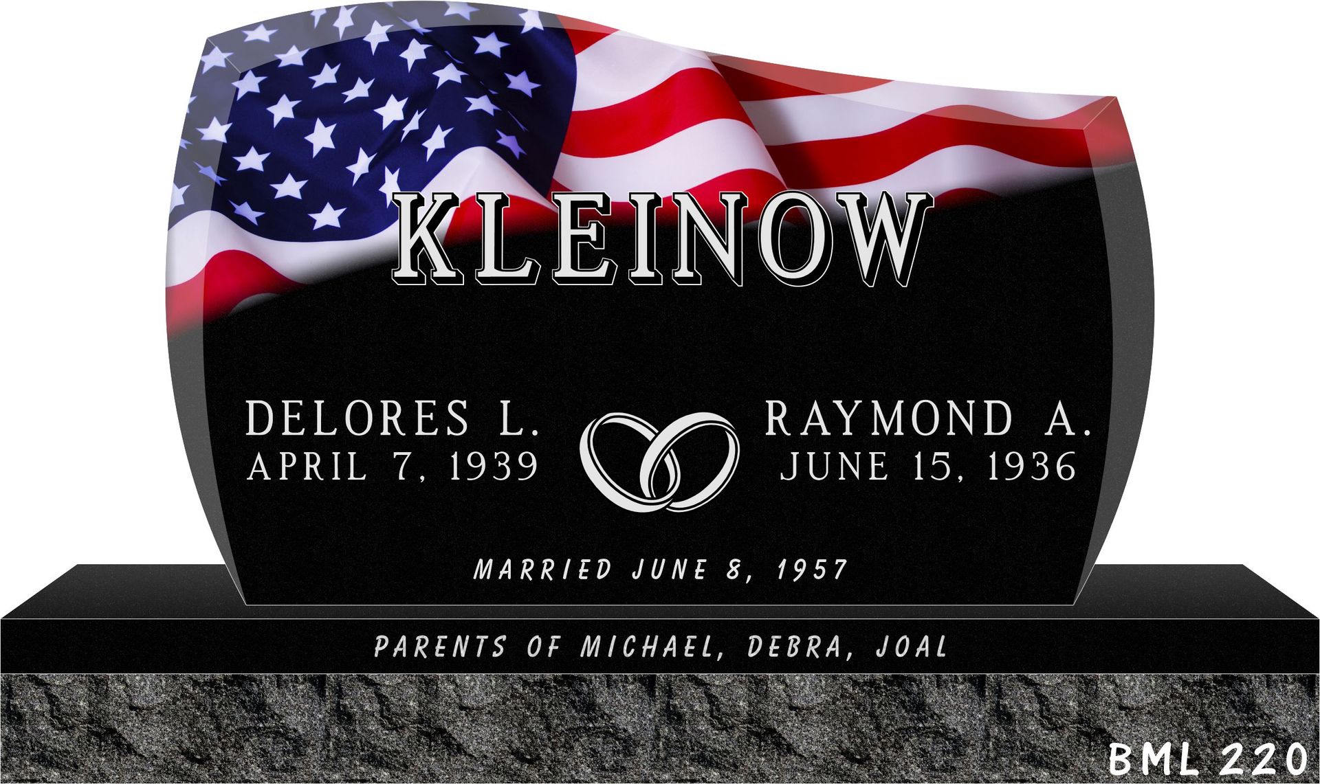A black granite memorial headstone for the Kleinow family featuring an American flag graphic and wedding ring icon.