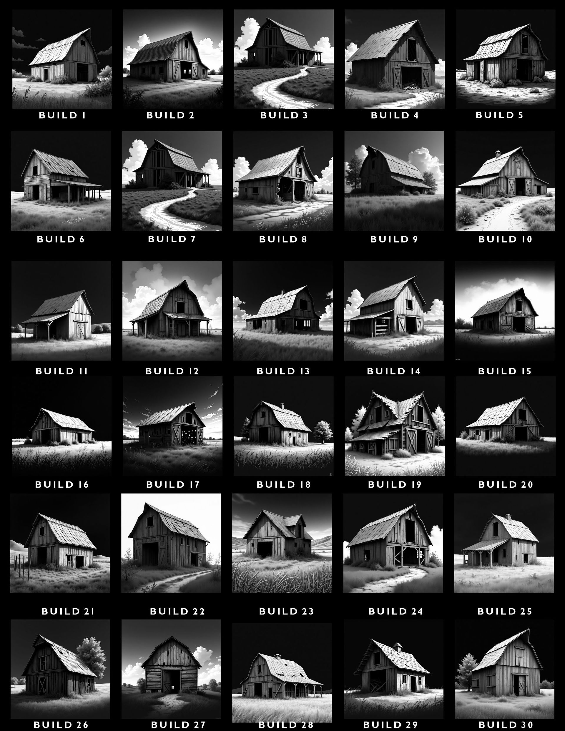 A grid of 30 black-and-white images, each depicting a barn in a rural setting, numbered 1 through 30.