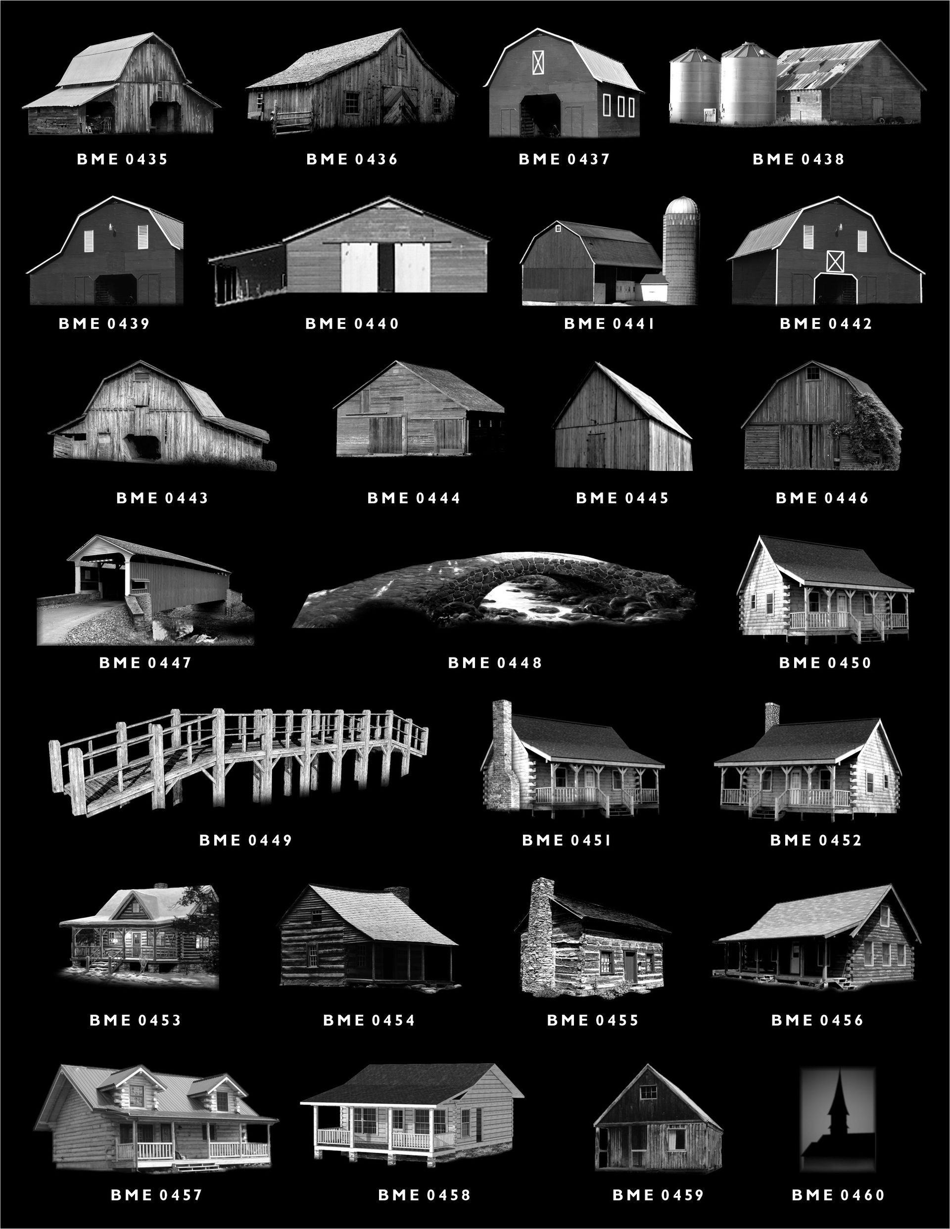 A grid showing silhouettes of various rural buildings, including barns, sheds, cabins, and a bridge, on a black background.