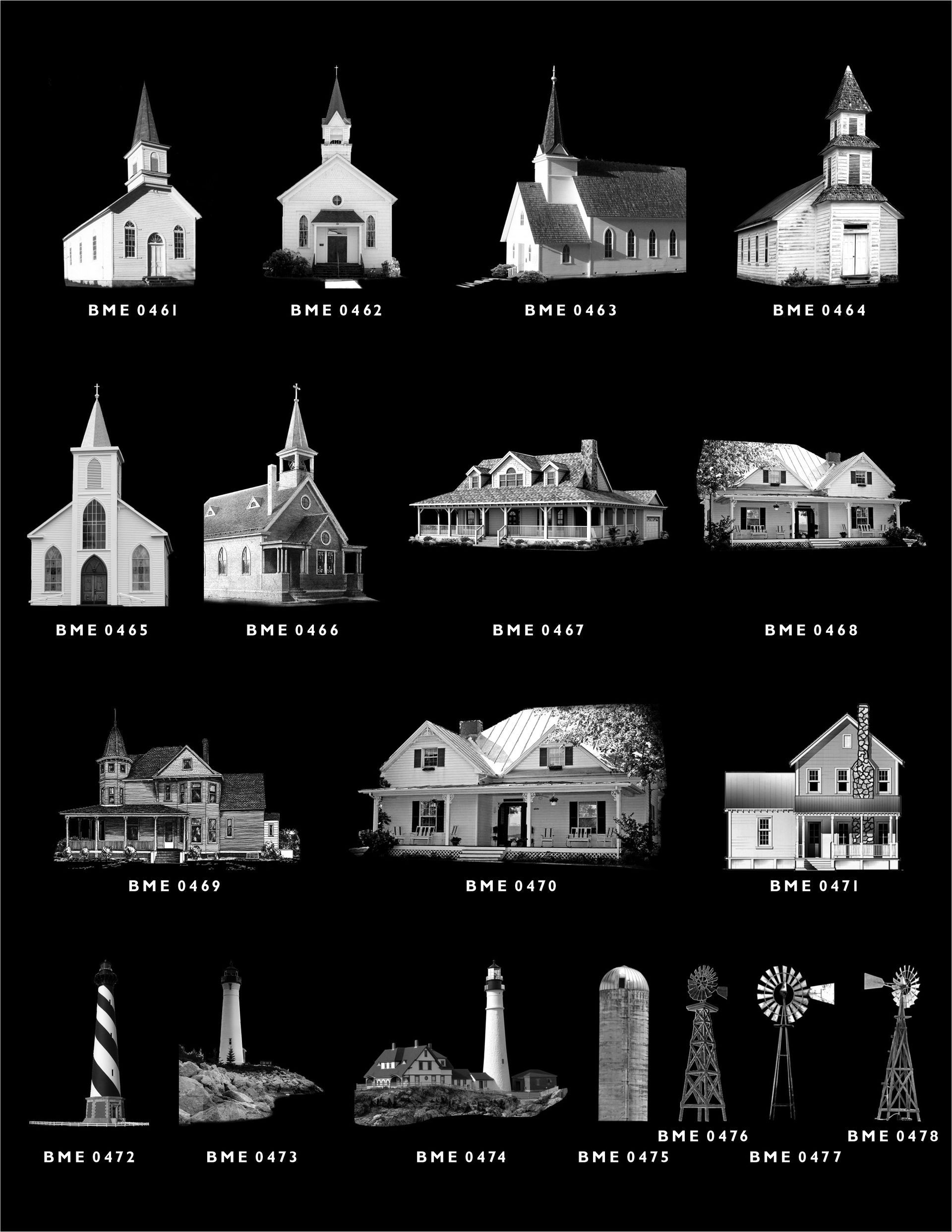 A grid of black-and-white architectural illustrations featuring churches, houses, lighthouses, and windmills.