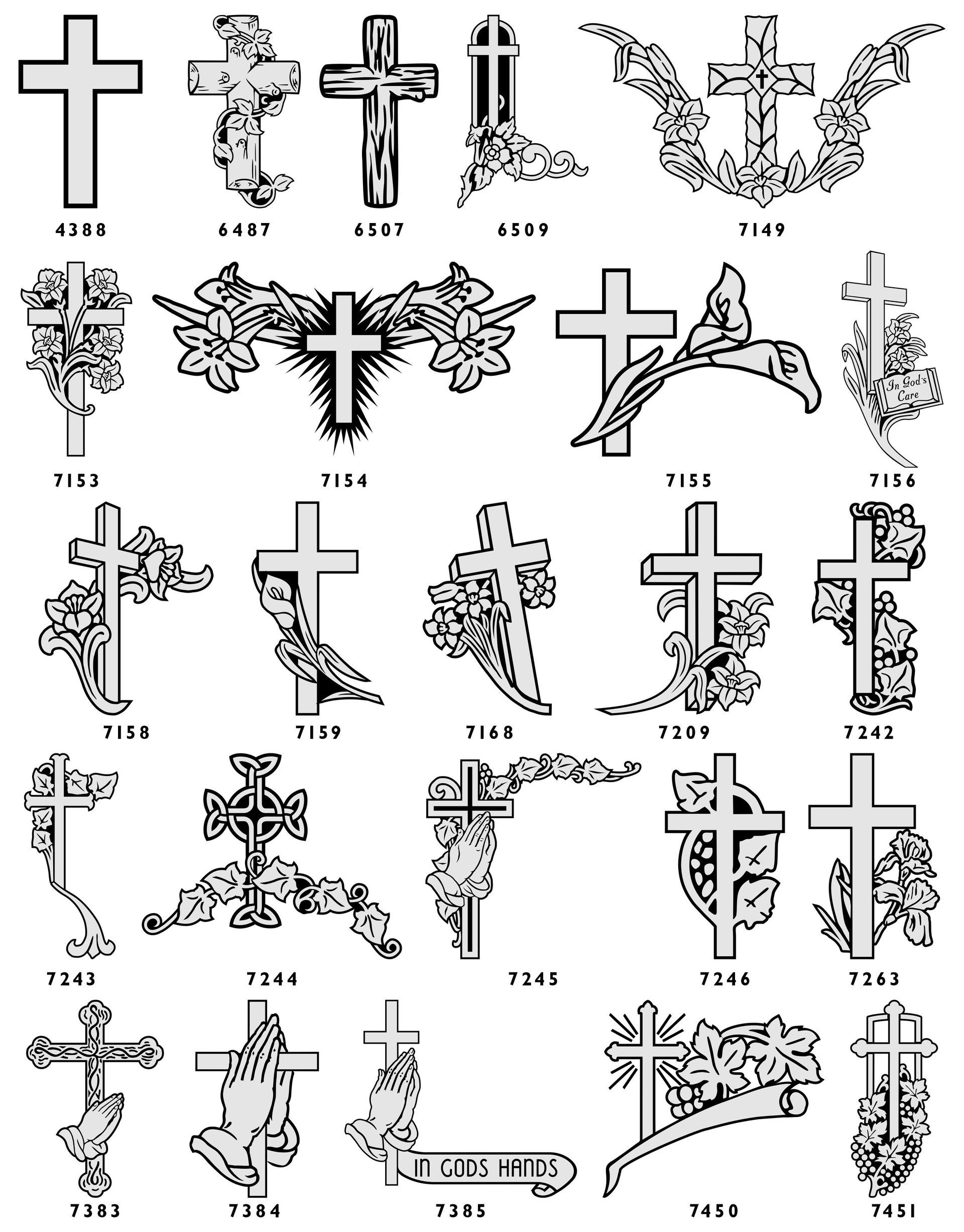 A grid of 30 various decorative Christian cross designs, ranging from simple to ornate styles, for memorial engravings.