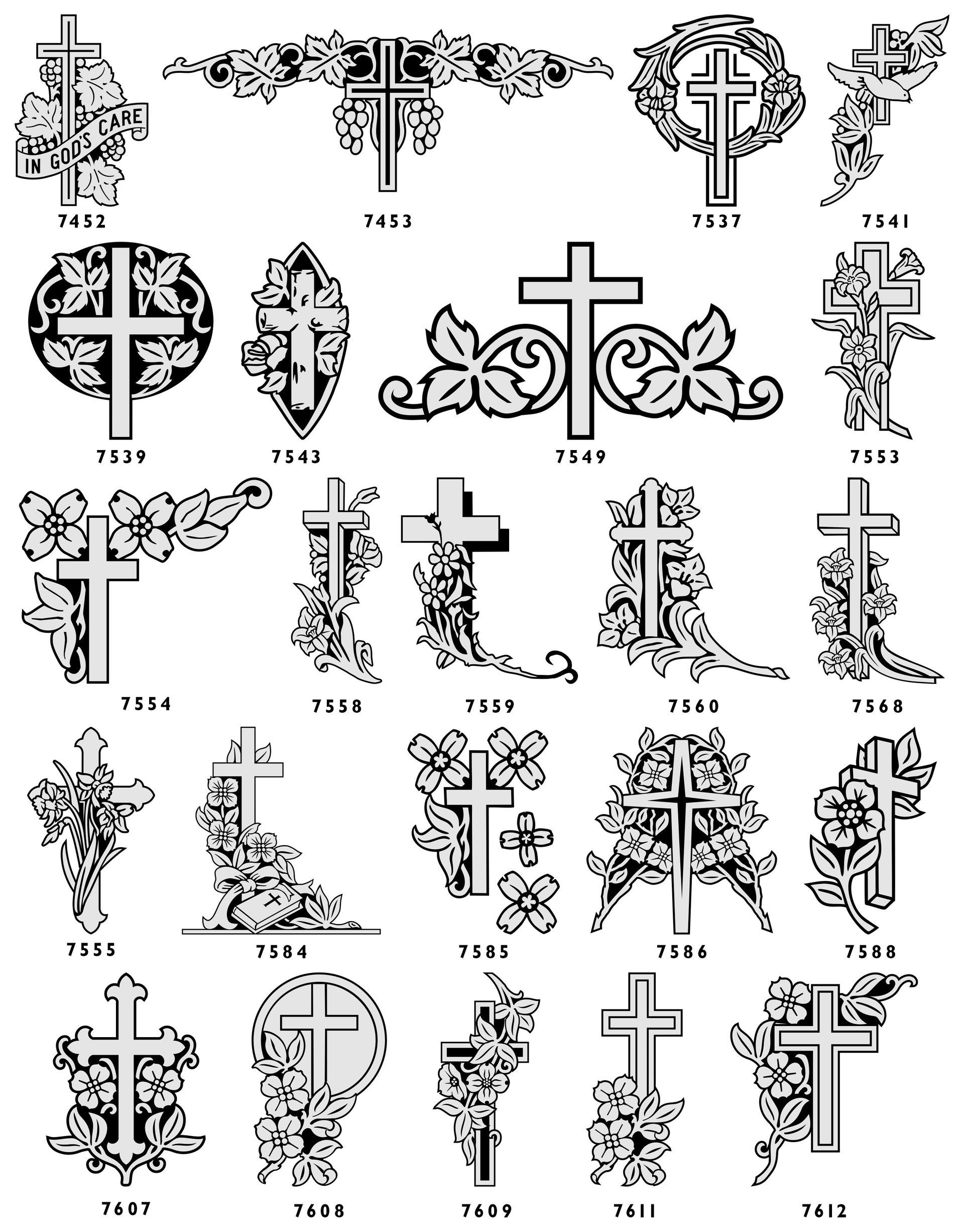 A grid of 30 black-and-white artistic cross designs, featuring various floral, geometric, and decorative embellishments.