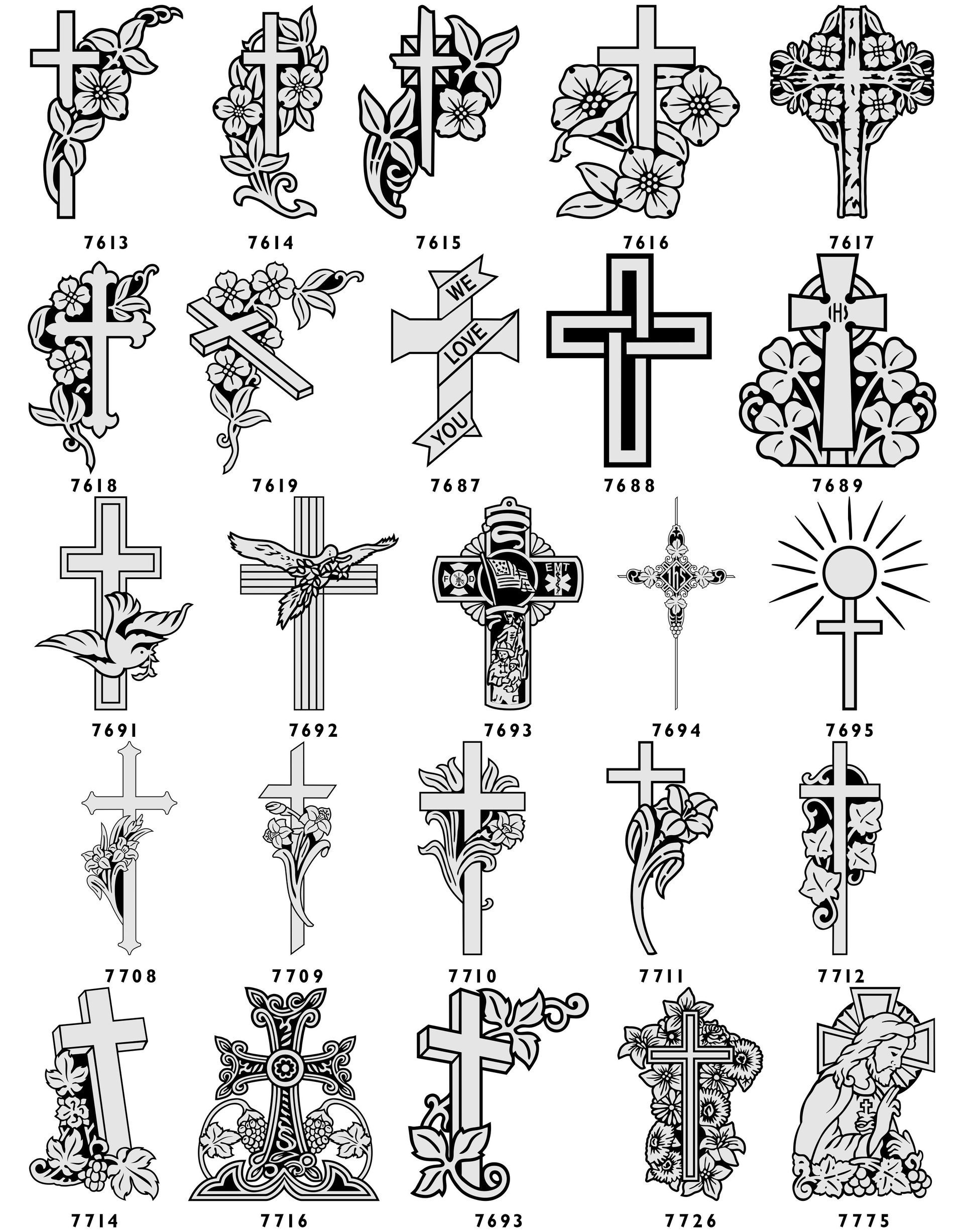A grid of thirty black and white graphic illustrations depicting various styles of Christian crosses and religious symbols.