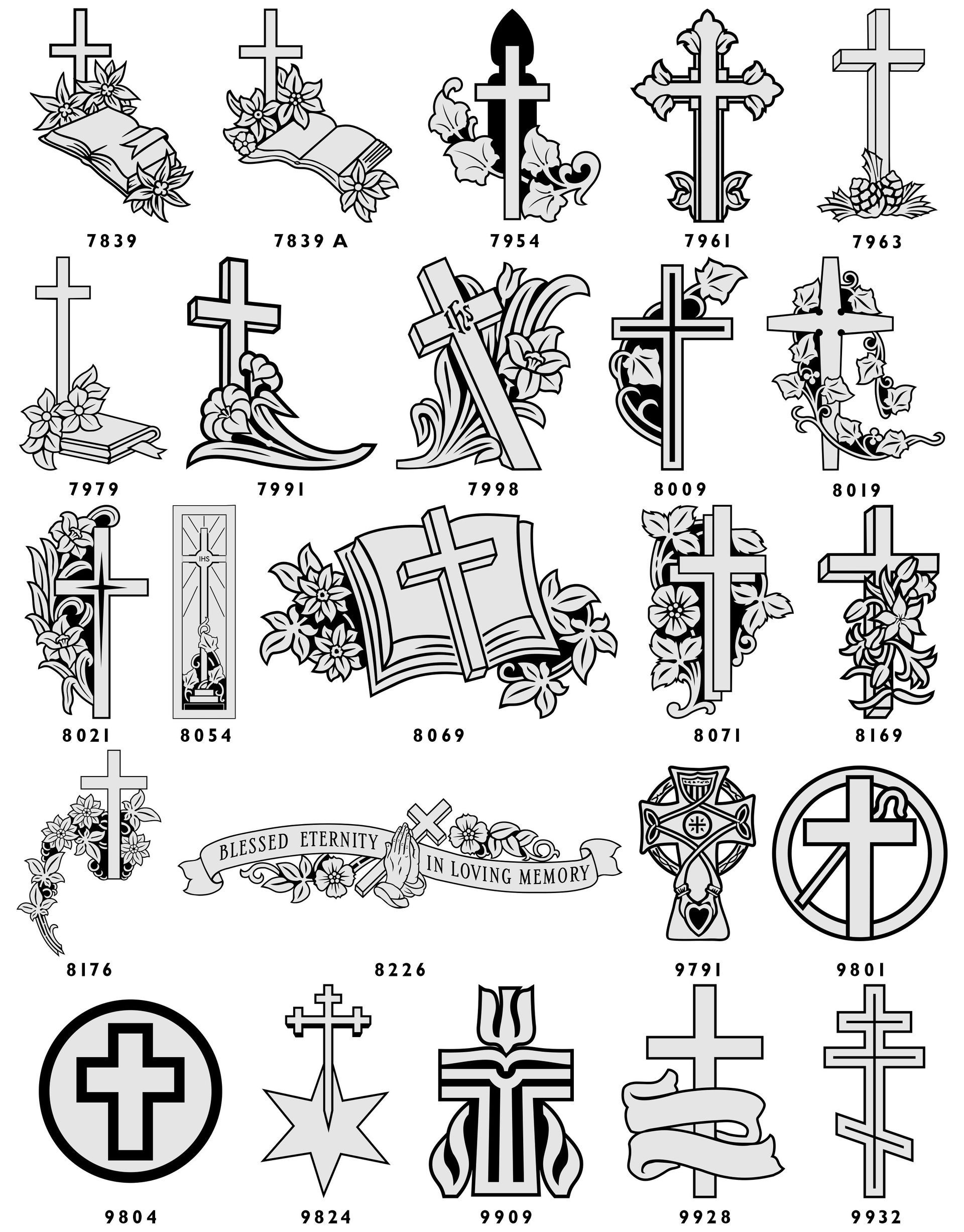 A grid of thirty unique black-and-white graphic designs of crosses, ranging from simple styles to ornate floral patterns.