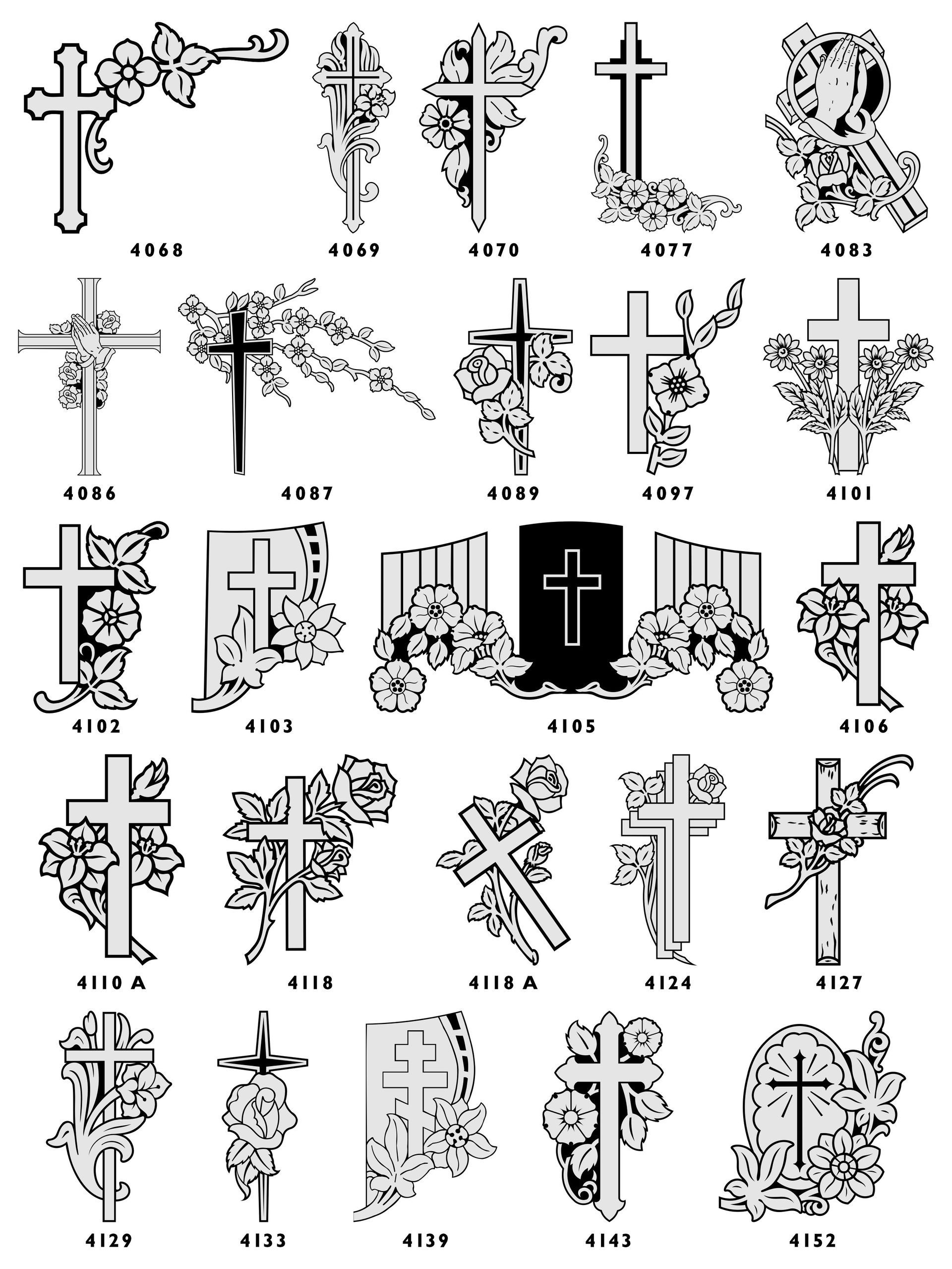 A grid of 25 black-and-white engraving designs, mostly featuring crosses and floral patterns for memorial monuments.