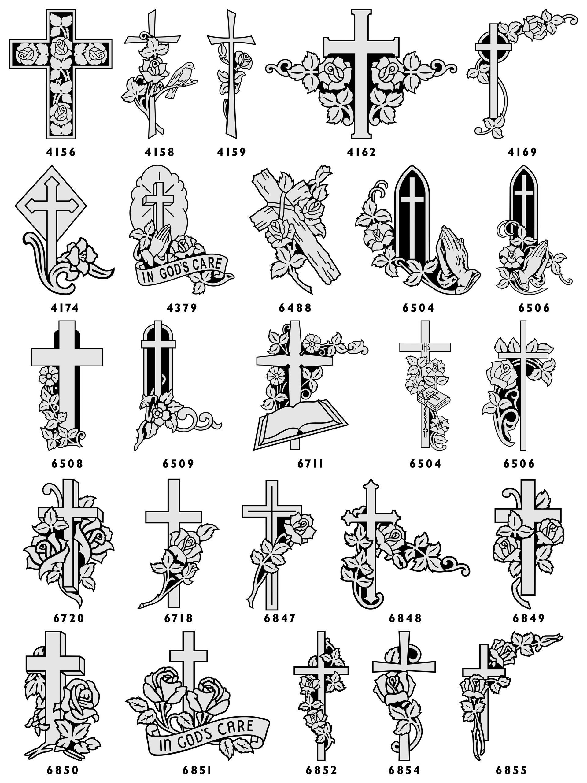 A catalog of twenty-five unique black-and-white line art designs featuring floral crosses, each labeled with a number.