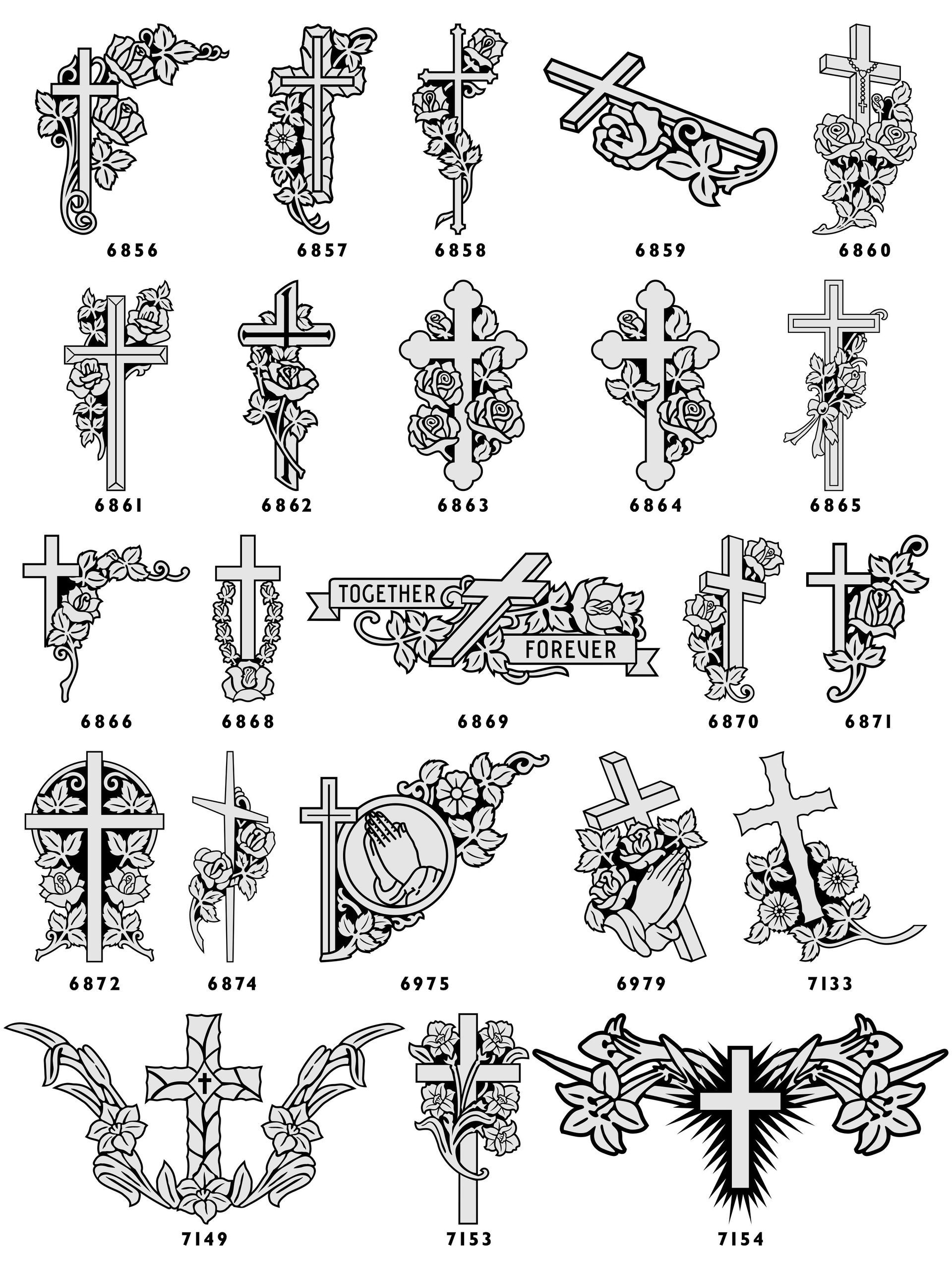 A grid of black-and-white line art designs featuring floral motifs and Christian crosses for gravestone engraving.