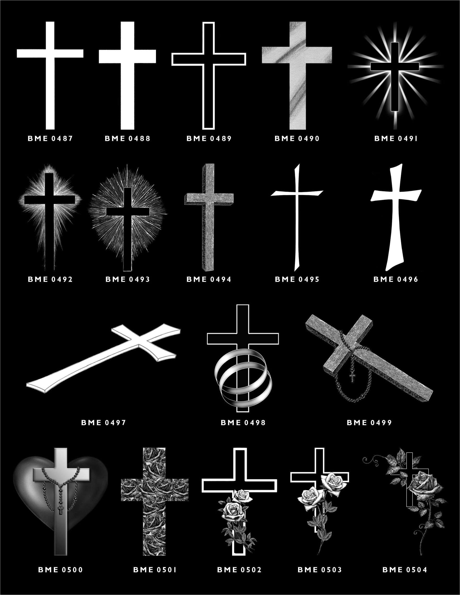 A grid of twenty white-line artistic drawings of various Christian crosses against a black background.