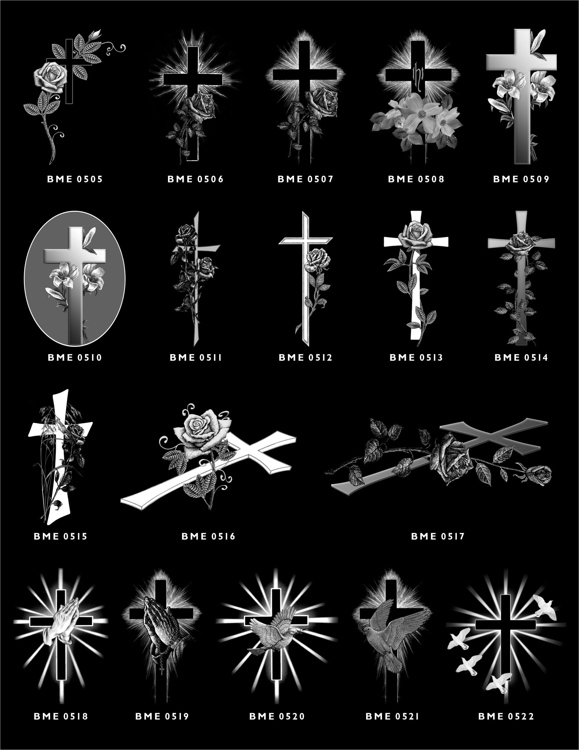 A collage of twenty monochrome laser-etched designs featuring crosses, roses, and religious motifs on a black background.