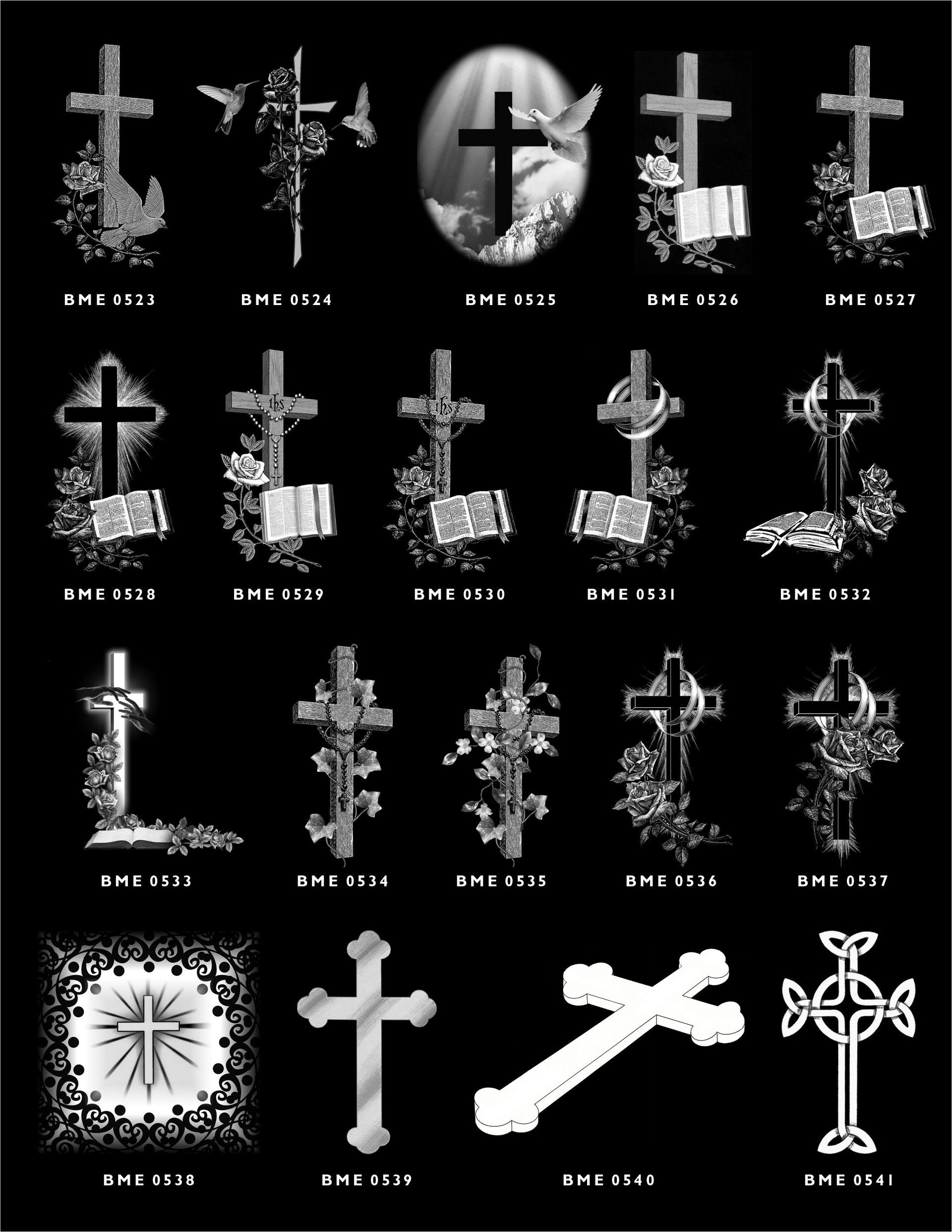 A grid of 20 black-and-white designs featuring various styles of Christian crosses for use on headstones or monuments.