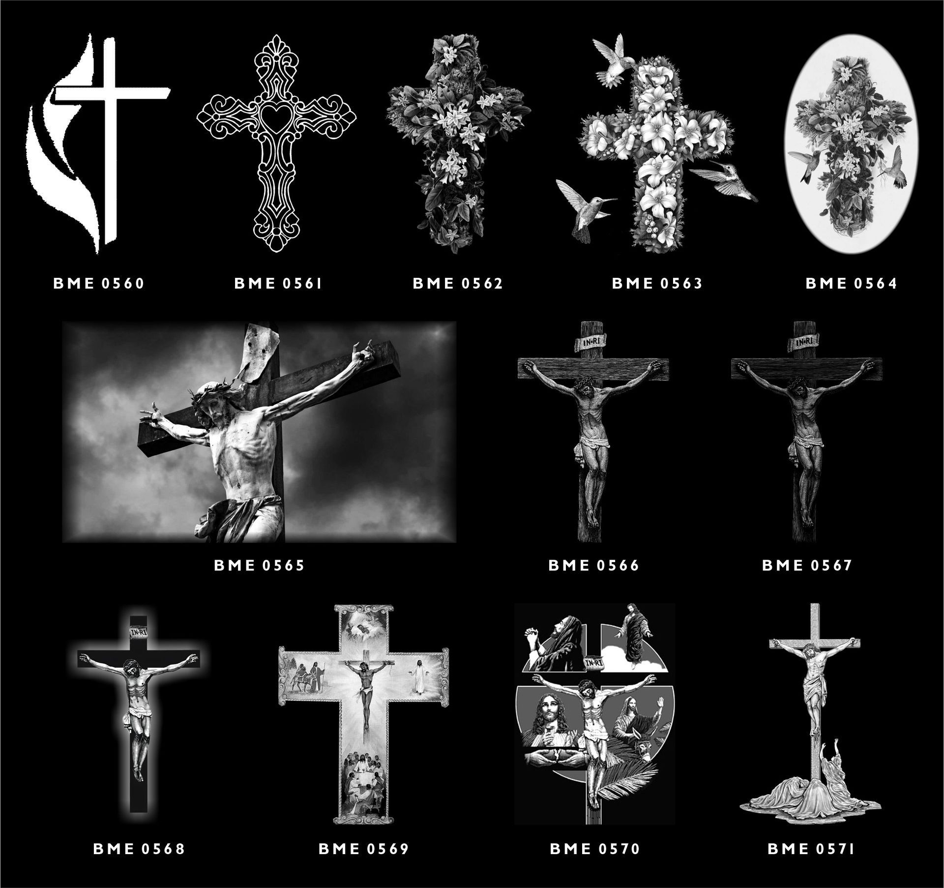 A collection of 12 black-and-white graphic designs featuring various crosses and crucifixes, labeled with reference codes.