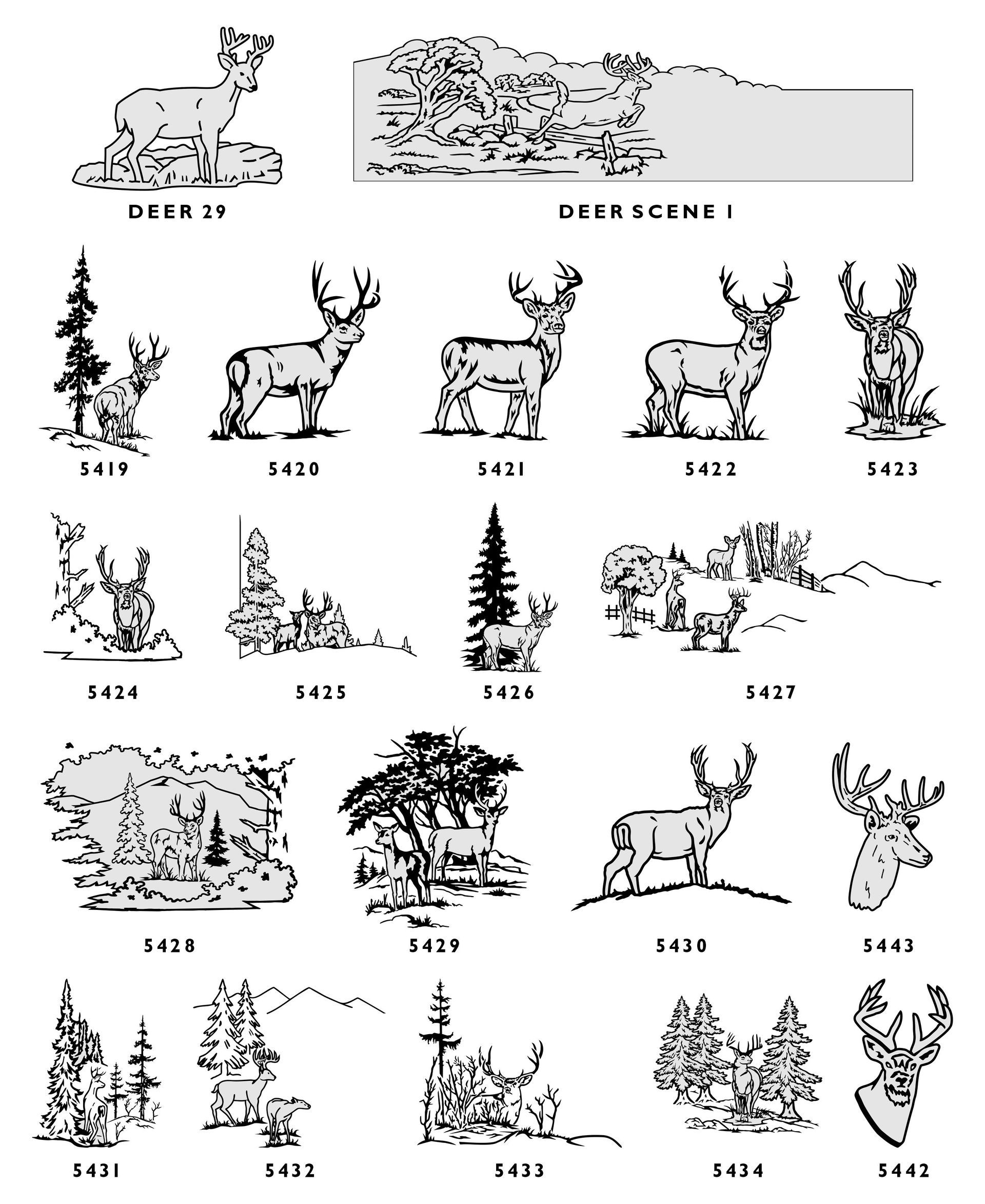 A grid of black-and-white line art illustrations featuring various deer, antlers, and nature scenes, each labeled with code.