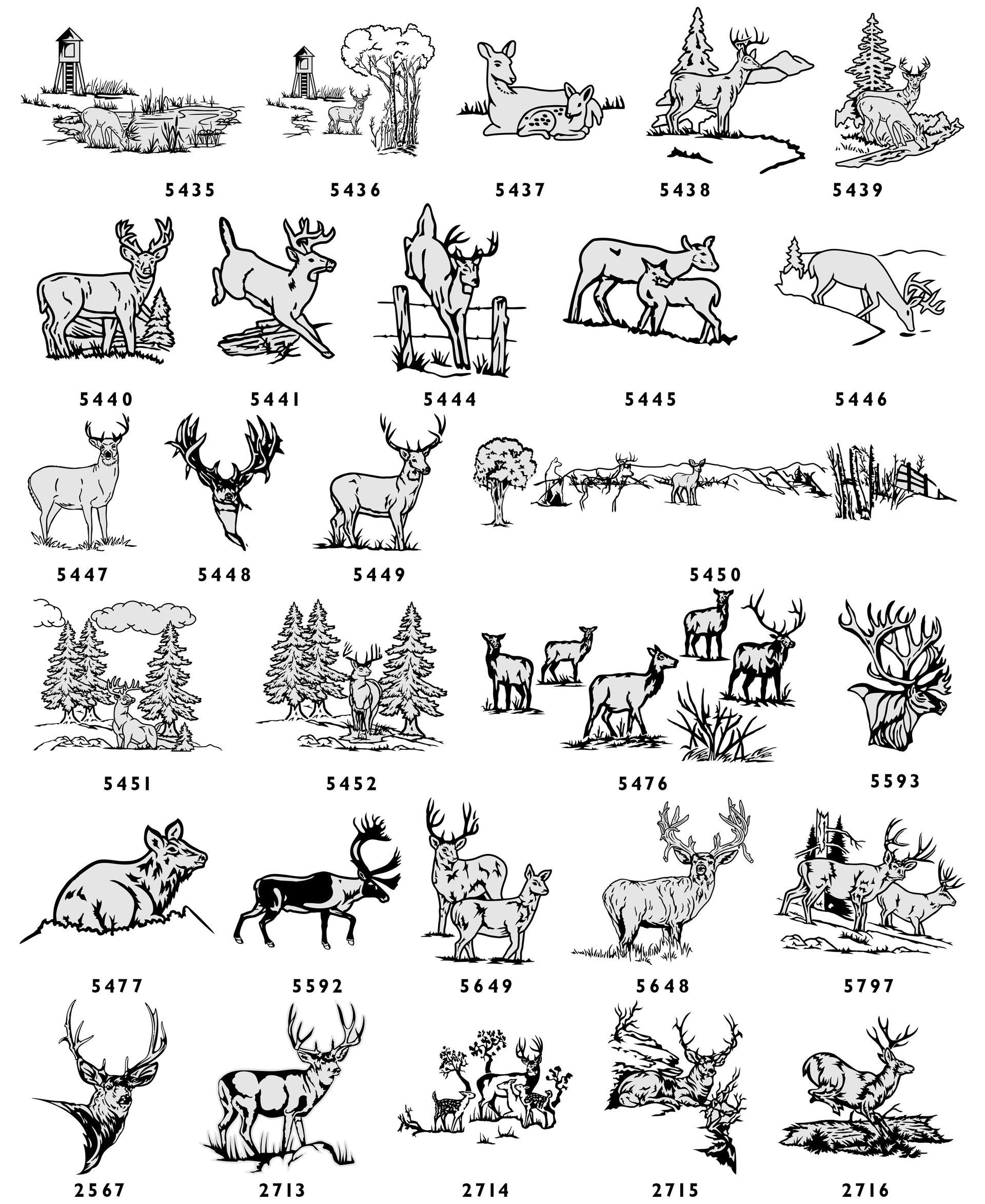 A catalog of small, black-and-white nature illustrations featuring deer in various forest and landscape settings.