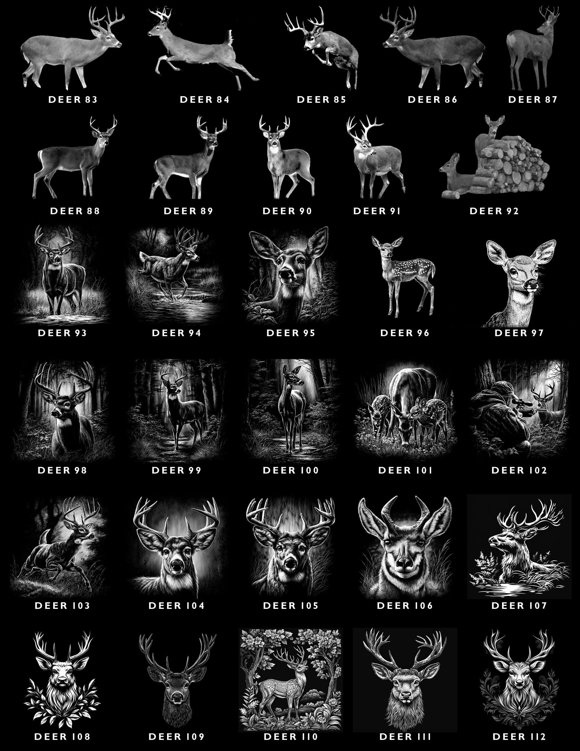 A grid of 30 monochrome artistic illustrations featuring deer in various poses and settings on a black background.