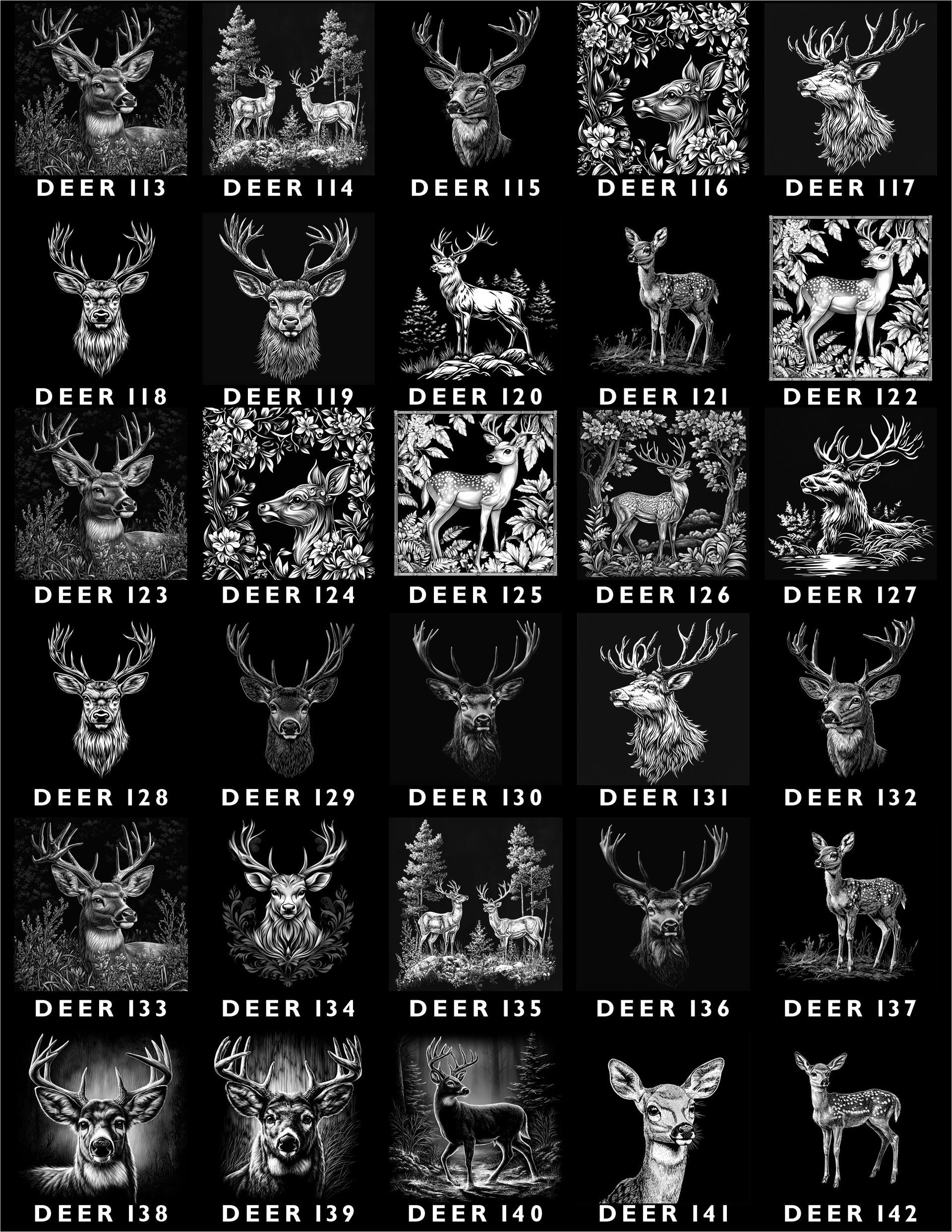 A grid of thirty black-and-white stylized deer illustrations, each labeled with a unique code like 
