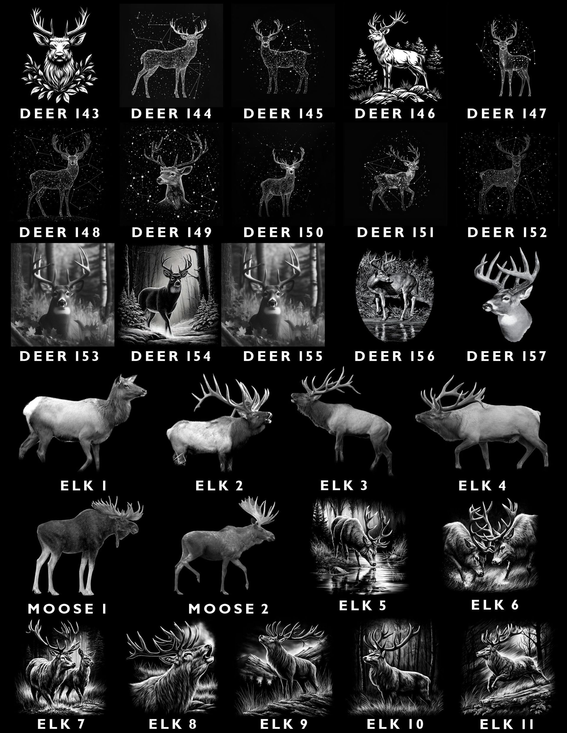 A catalog of deer, elk, and moose illustrations on a black background, labeled with individual identification numbers.