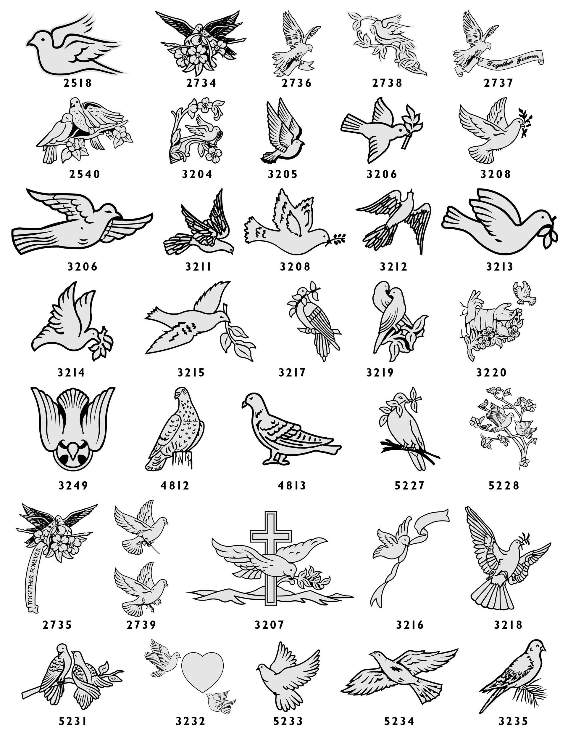 A collection of black-and-white line art illustrations of doves in various poses, arranged in a grid with index labels.
