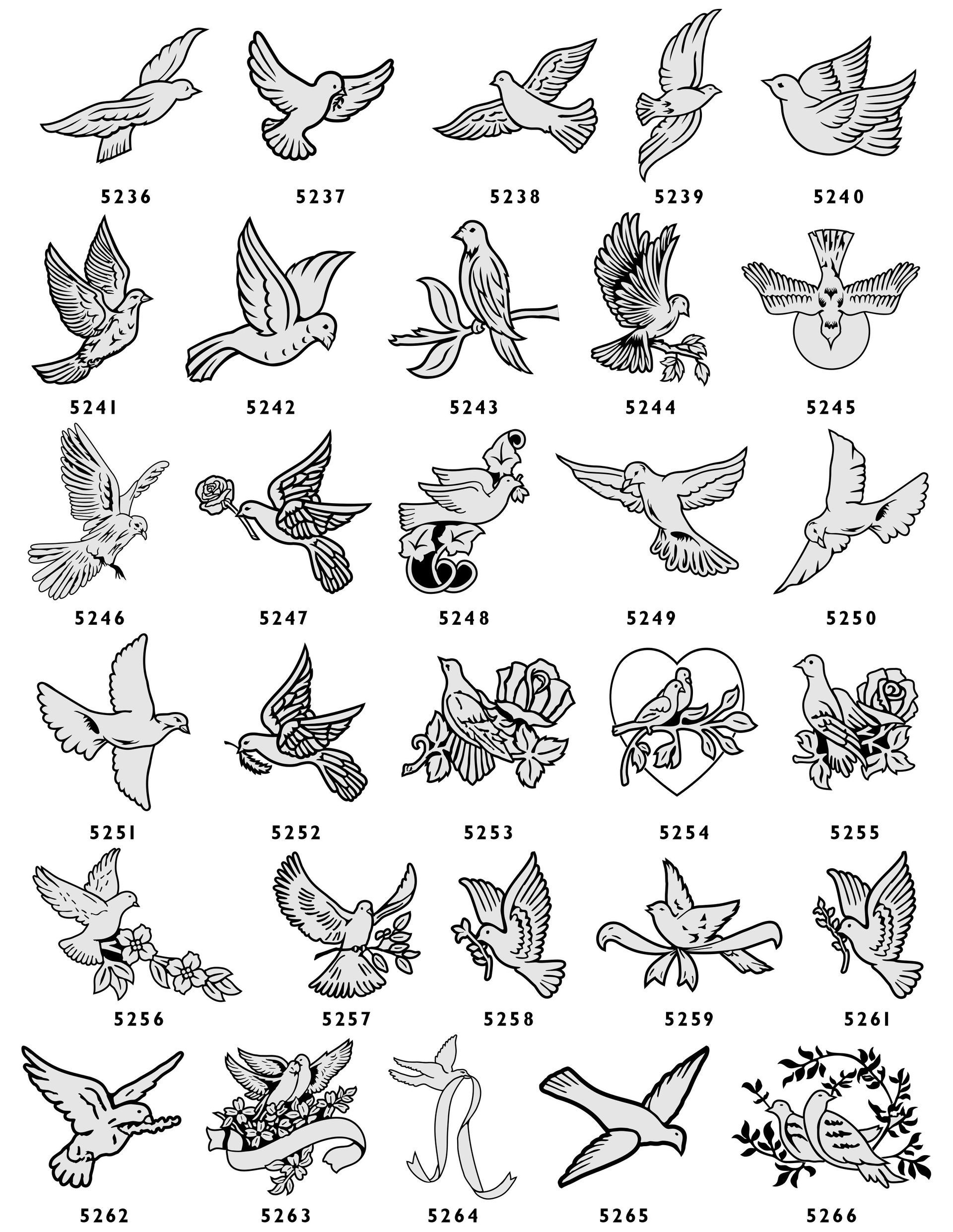 A grid of forty-eight black and white line-art illustrations depicting doves in various poses, with identifying codes.