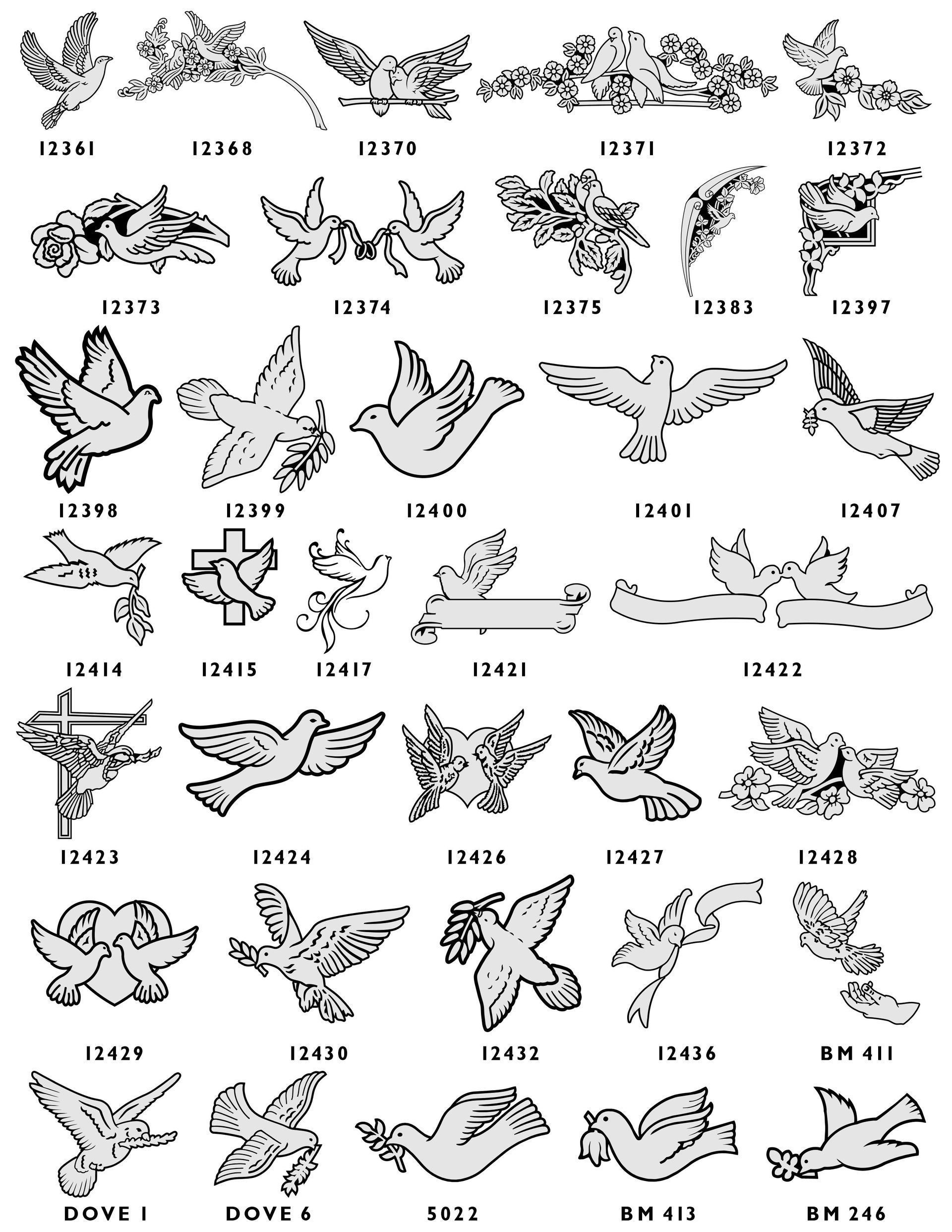 A collection of twenty-four black-and-white graphic designs of doves, some with olive branches, flowers, or a cross.