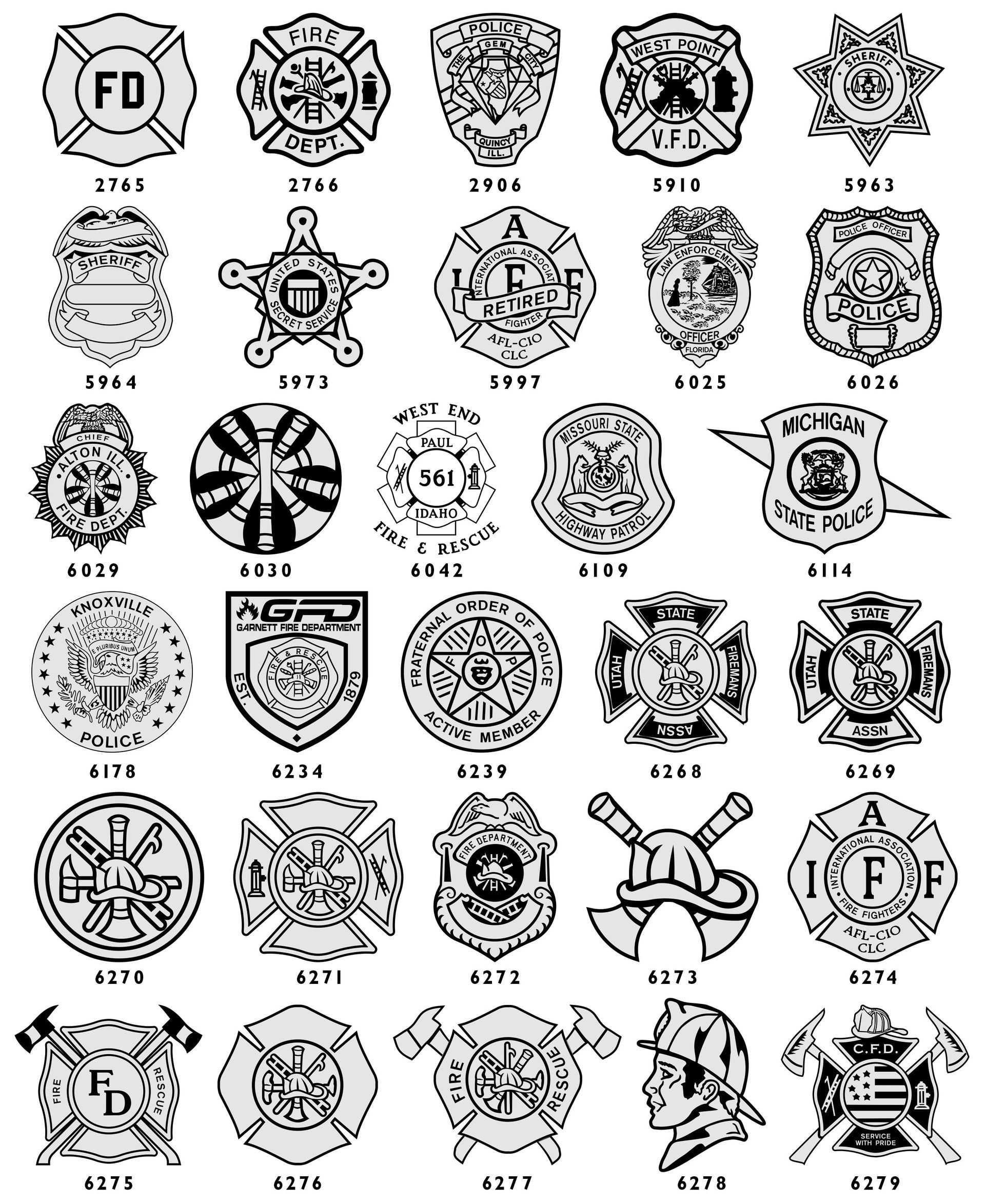 A grid of black-and-white icons including zodiac signs, fire service badges, axes, boots, and a US flag.