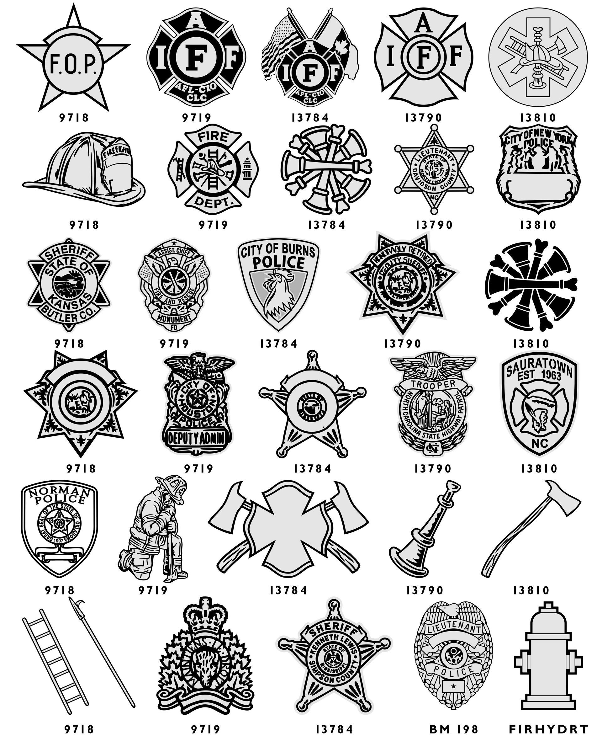 A grid of small monochrome icons including astrological symbols, fire department badges, and various flag designs.