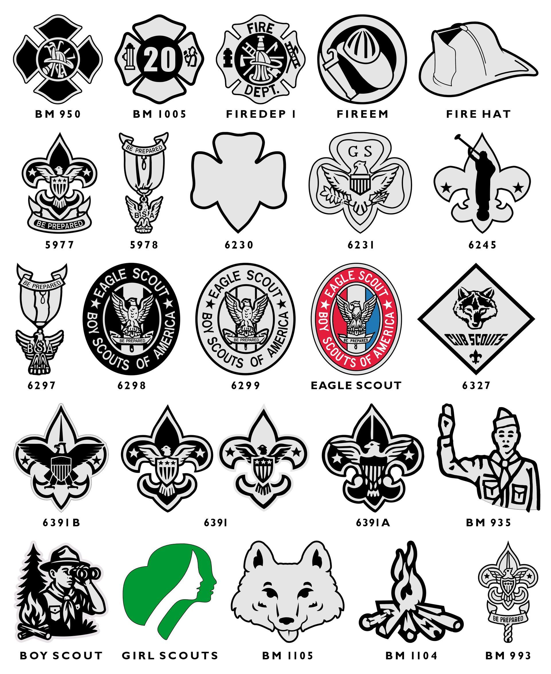 A grid of icons featuring flags, Japanese characters, Masonic symbols, and medical emblems, each with a reference code.